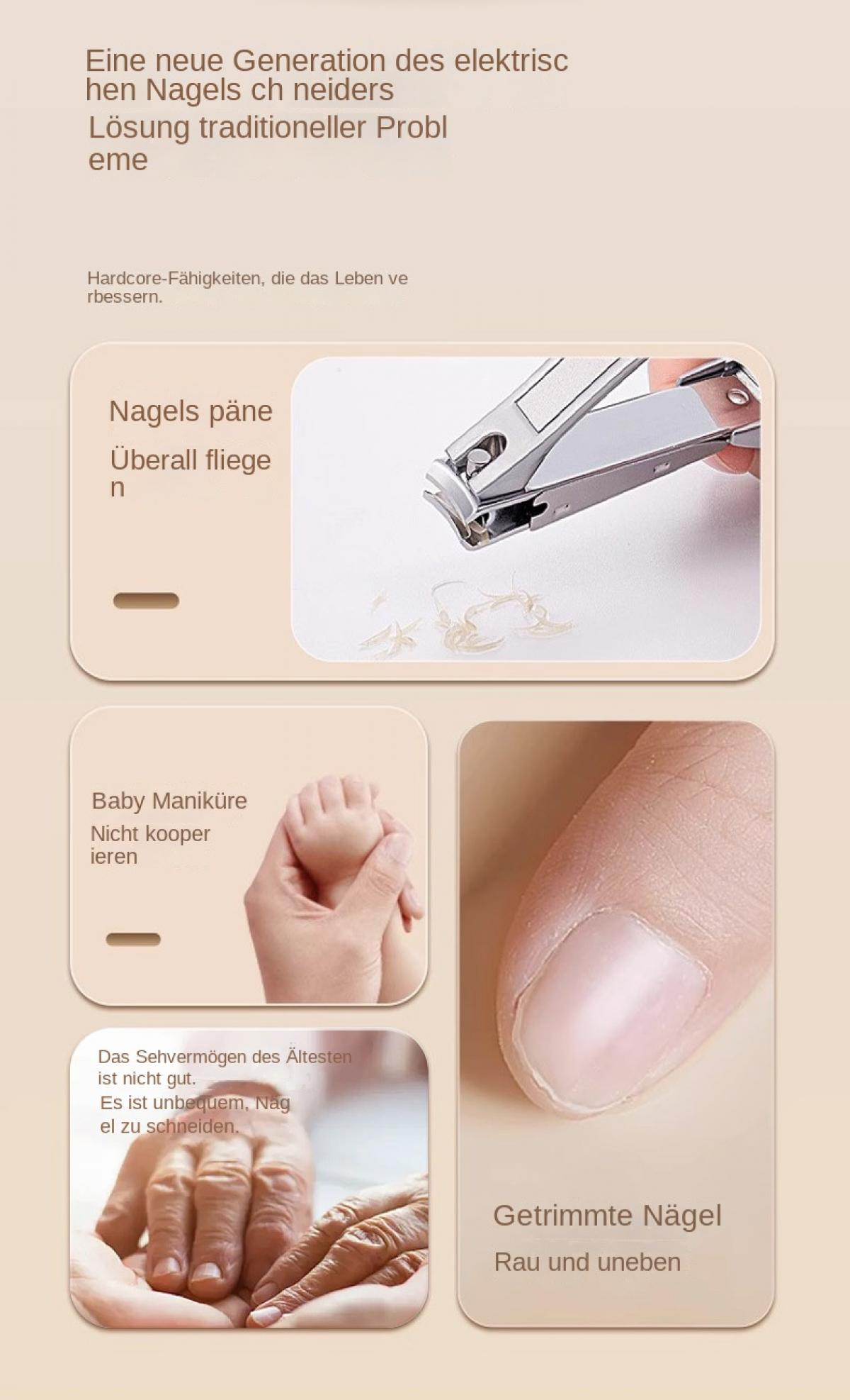 Nagelknipser schneidet Nägel; Babyhand; ältere Person; geriffelte Nägel.
