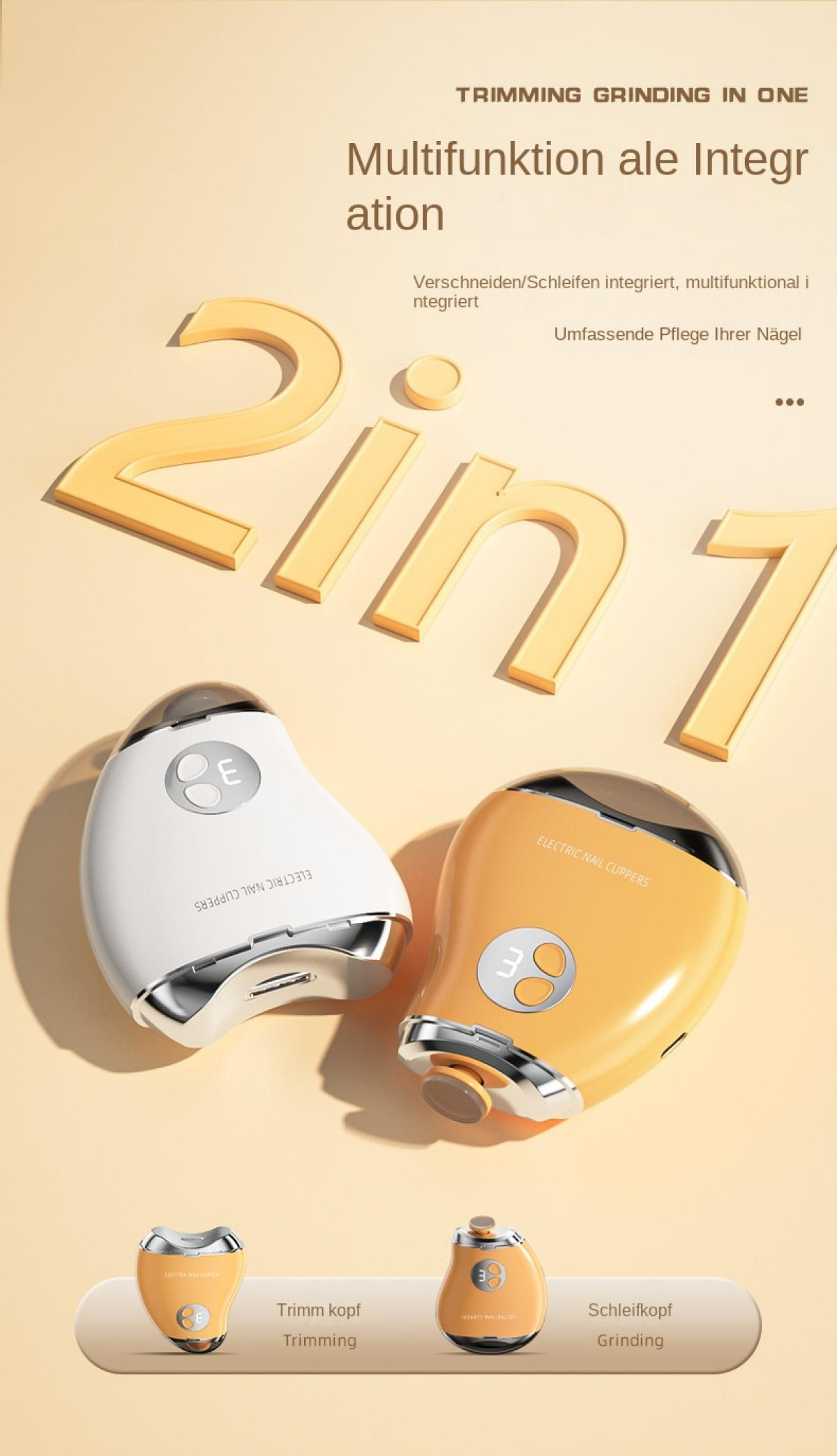 Zwei elektrische Nagelknipser, weiß und orange, mit Zubehör.