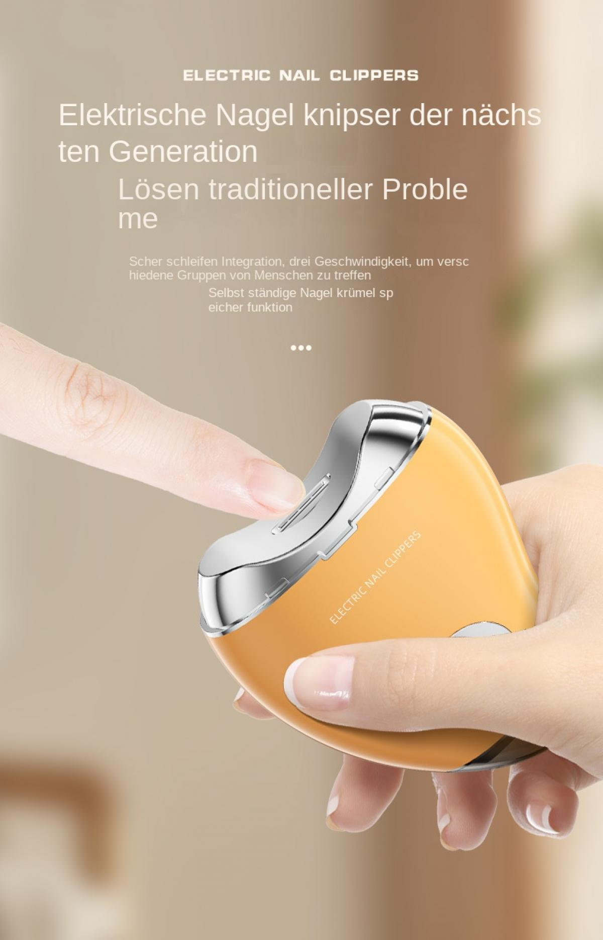 Ein gelber elektrischer Nagelknipser mit silbernen Akzenten, der von einer Hand gehalten wird.