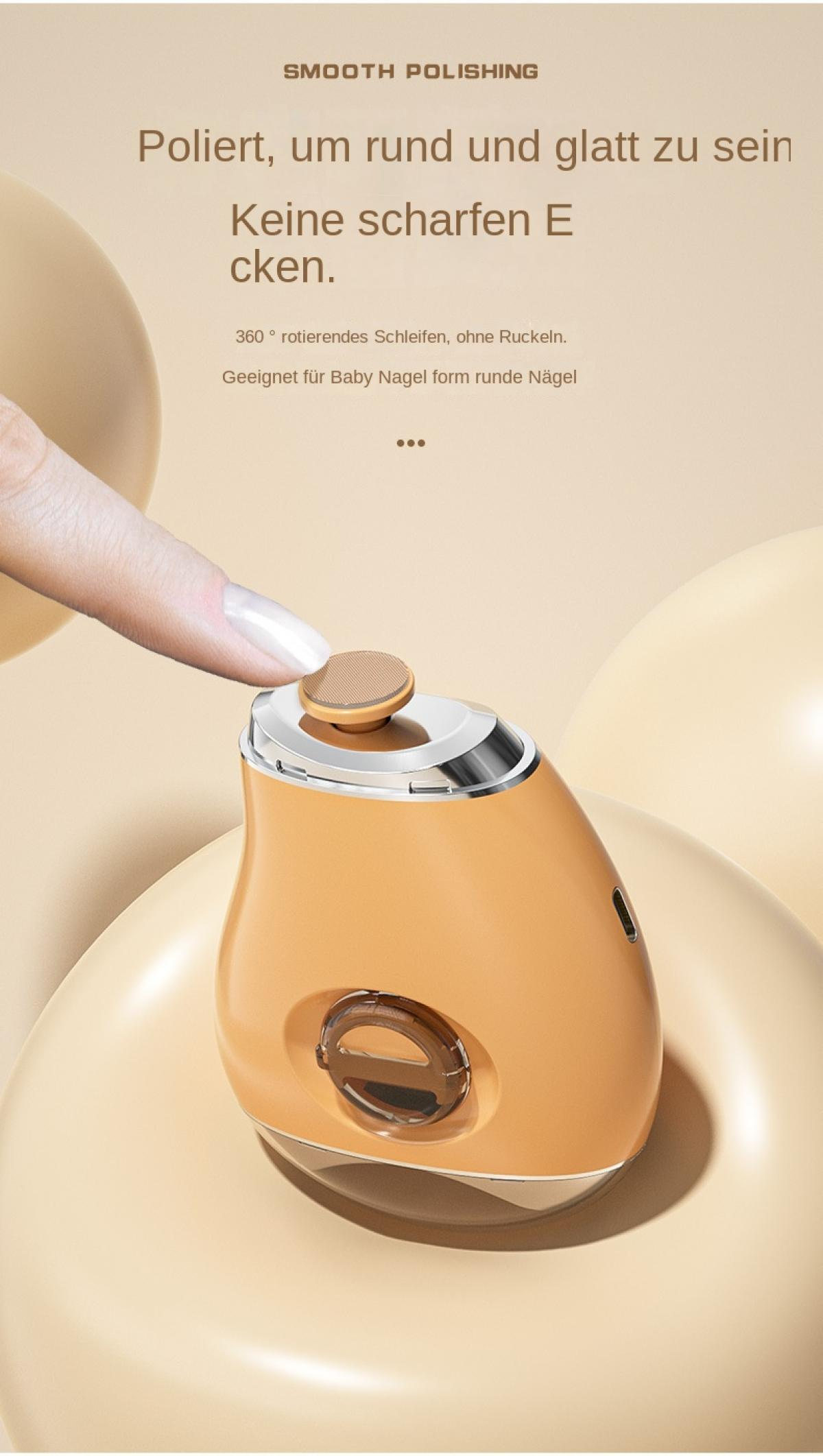 Eine Hand poliert einen Baby-Nagel mit einem orangefarbenen Gerät.