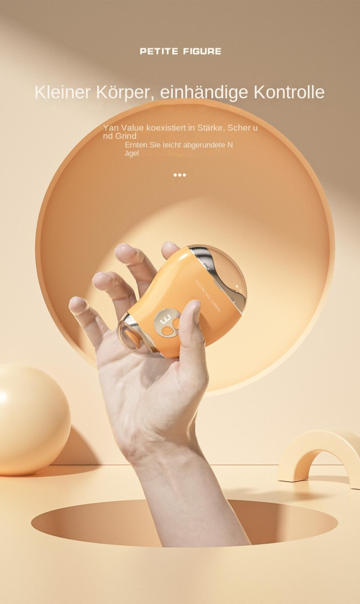 Eine Hand hält einen kleinen, orangen elektrischen Nagelknipser vor einem beigen Hintergrund.