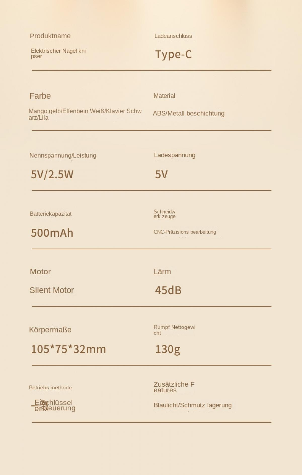 Produktdetails: Elektrischer Nagelknipser, Type-C, Mango/Elfenbein/Schwarz/Lila, ABS/Metall.