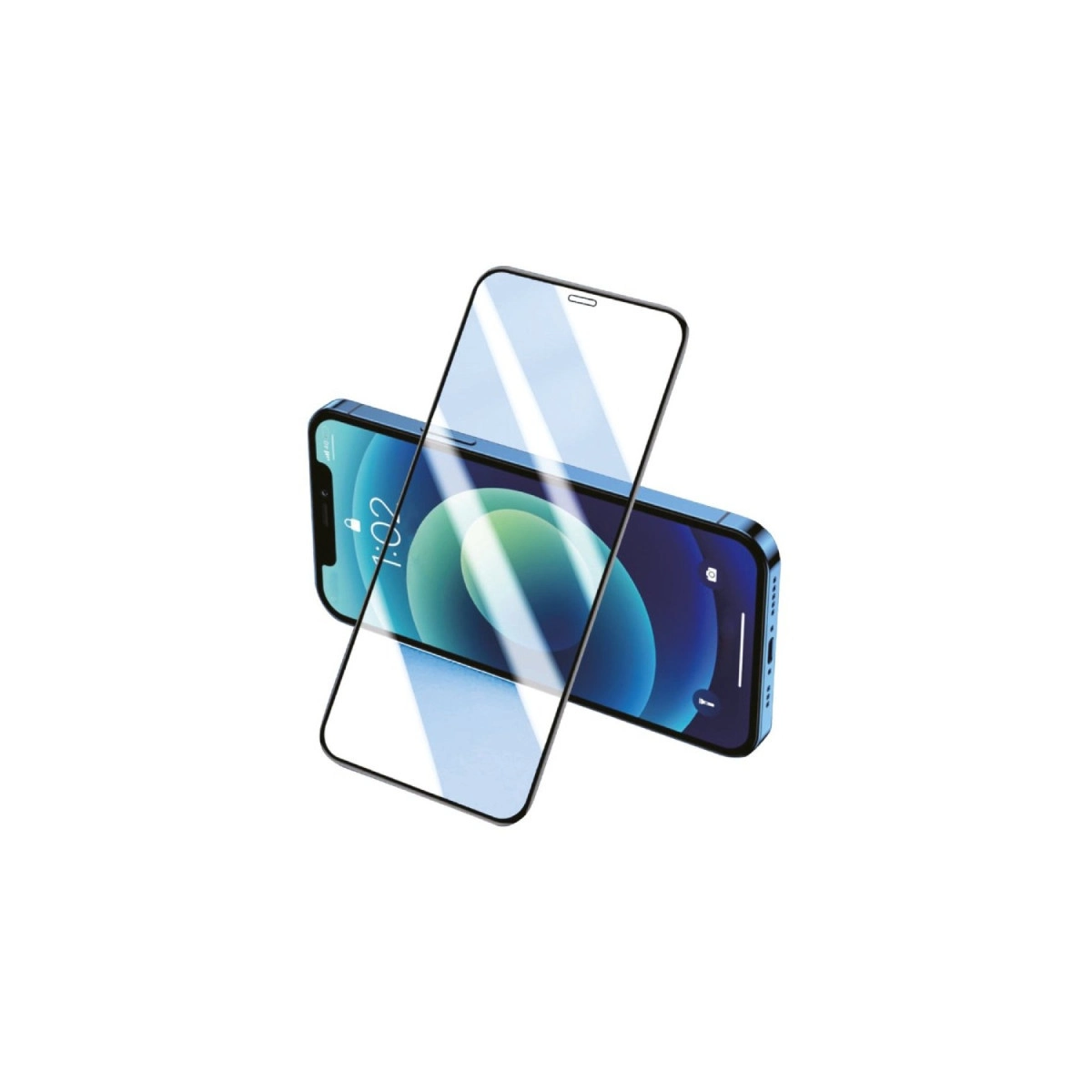 Mavi bir ekran koruyucu, mavi bir iPhone'un üzerinde duruyor.