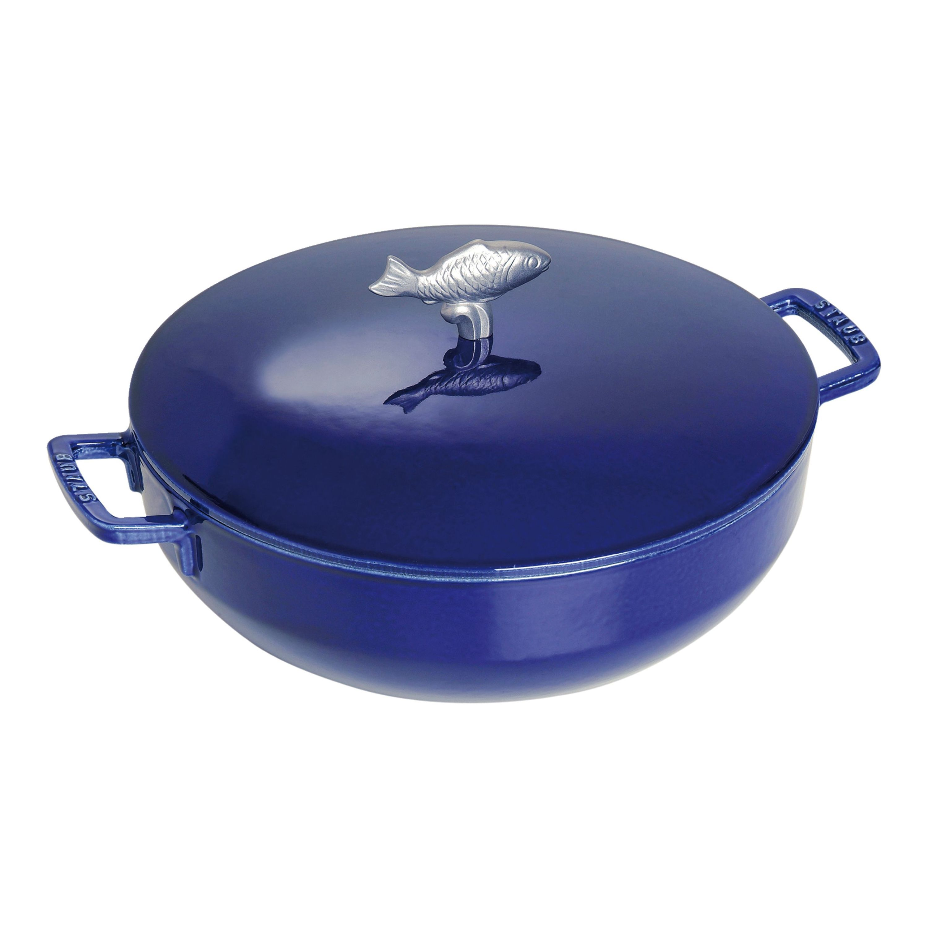 Dunkelblaue Emaille-Pfanne mit silbernem Fischknauf und Griffen.