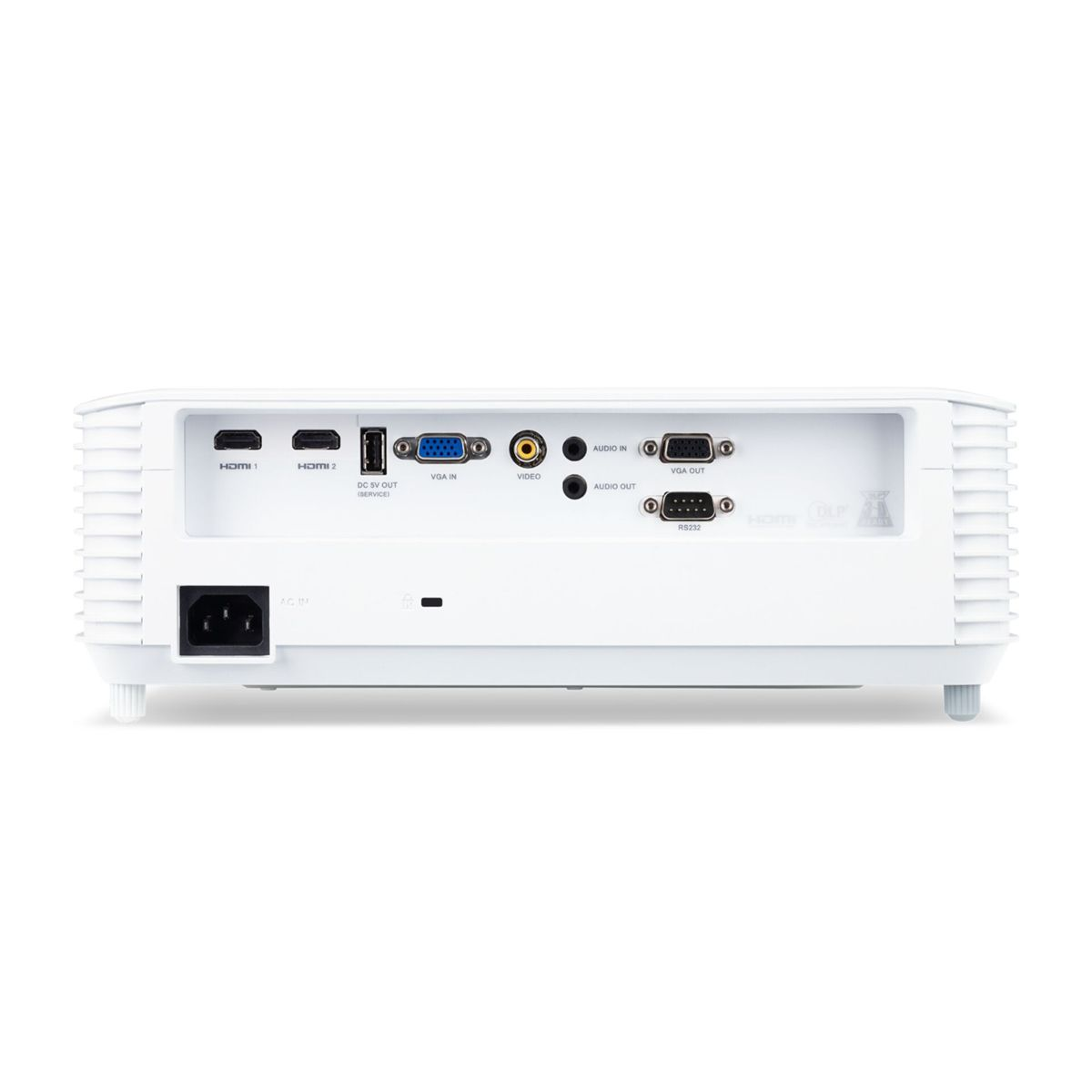 Rückseite eines weißen Projektors mit Anschlüssen: HDMI, VGA, Audio, USB und RS232.