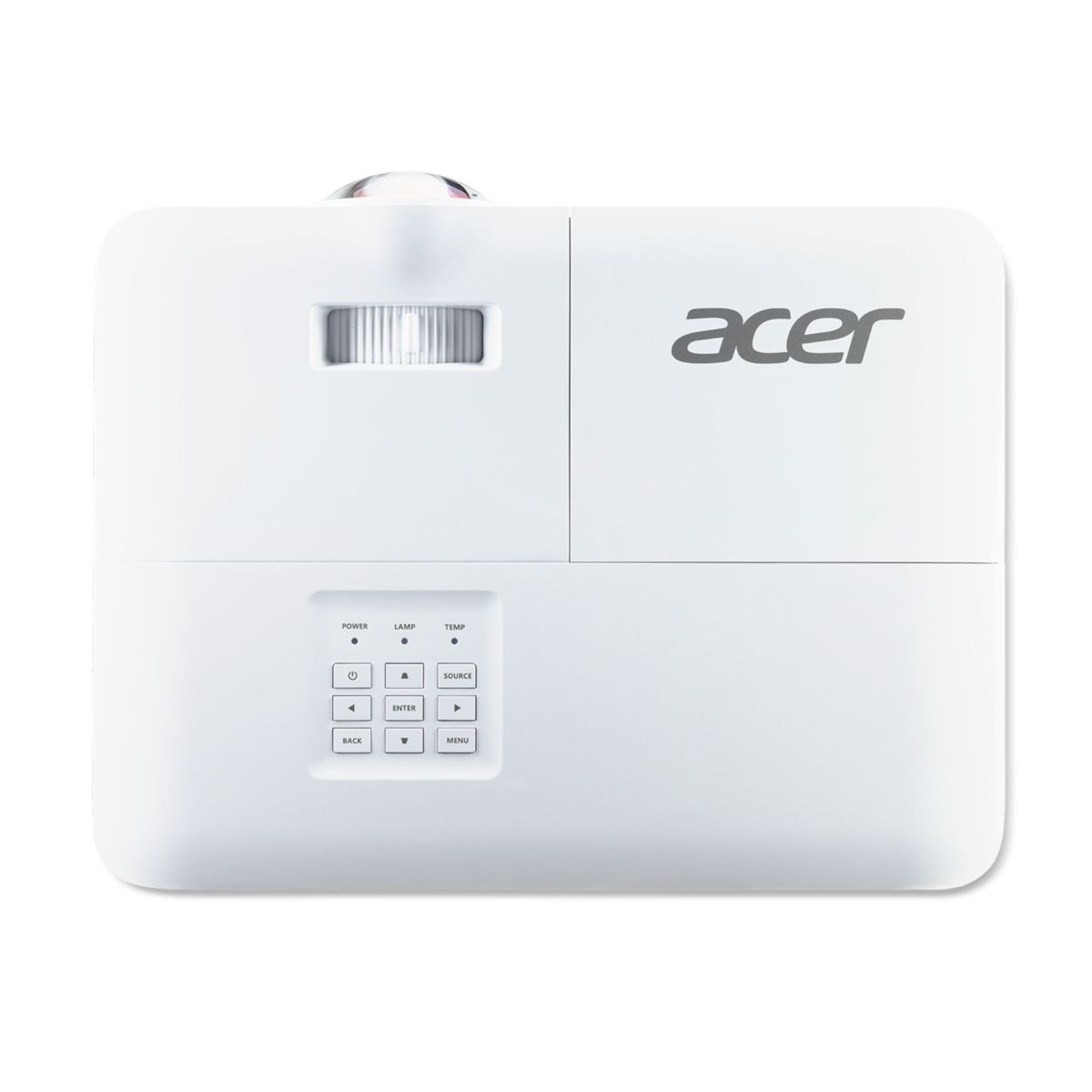 Weißer Acer-Projektor mit Linse und Bedienfeld.