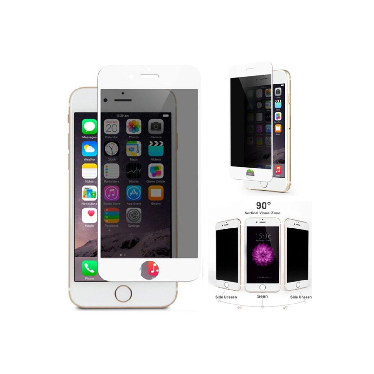 Birden fazla iPhone gösteriliyor. Biri ana ekranı, diğerleri gizlilik ekranı efektini gösteriyor.