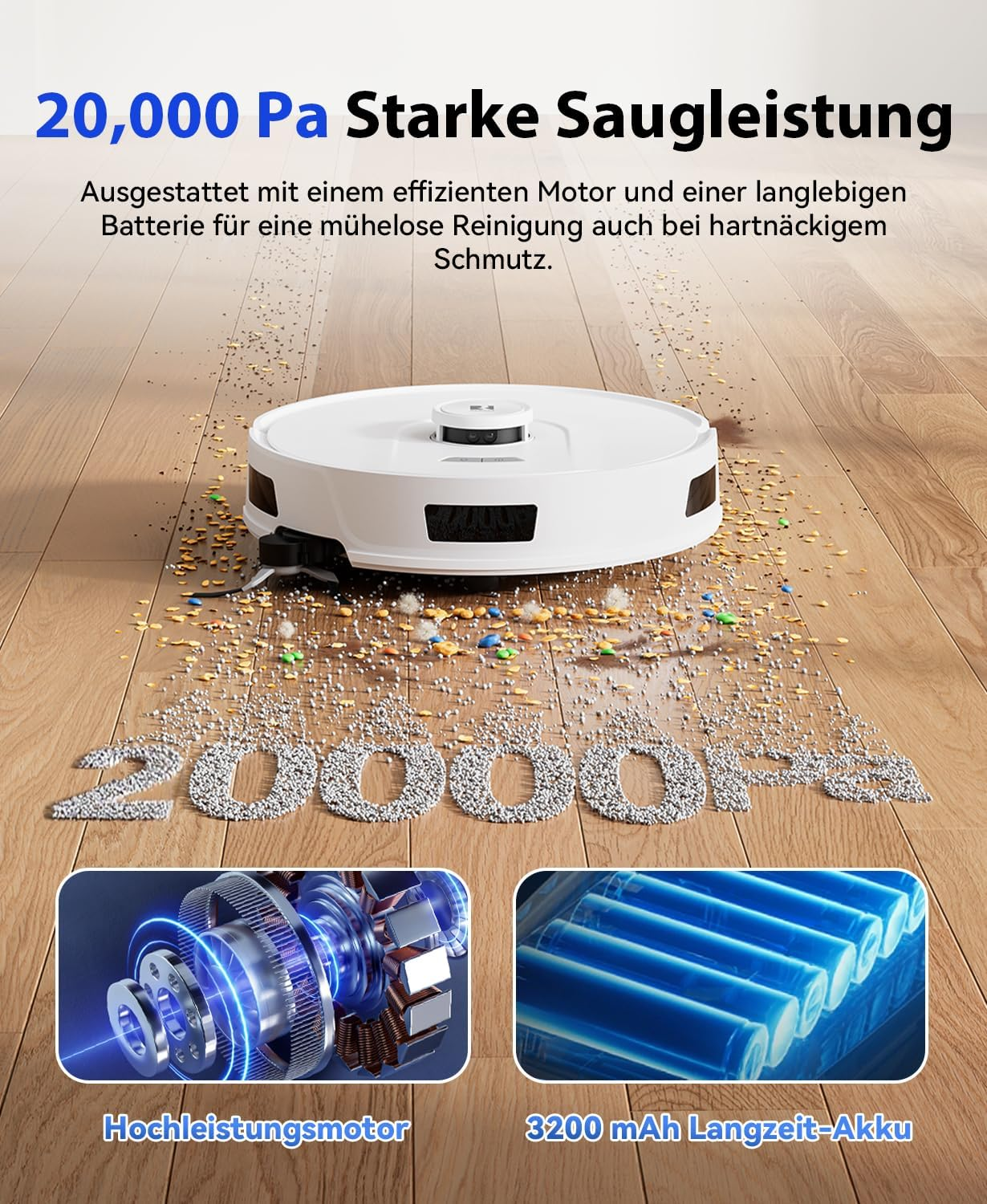 Un robot aspirateur blanc nettoie la saleté sur un parquet. Vues rapprochées d'un moteur et d'une batterie.