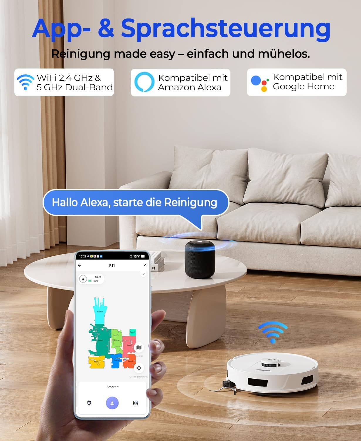 Commande par application et vocale : un aspirateur robot, une app mobile et une enceinte Alexa.