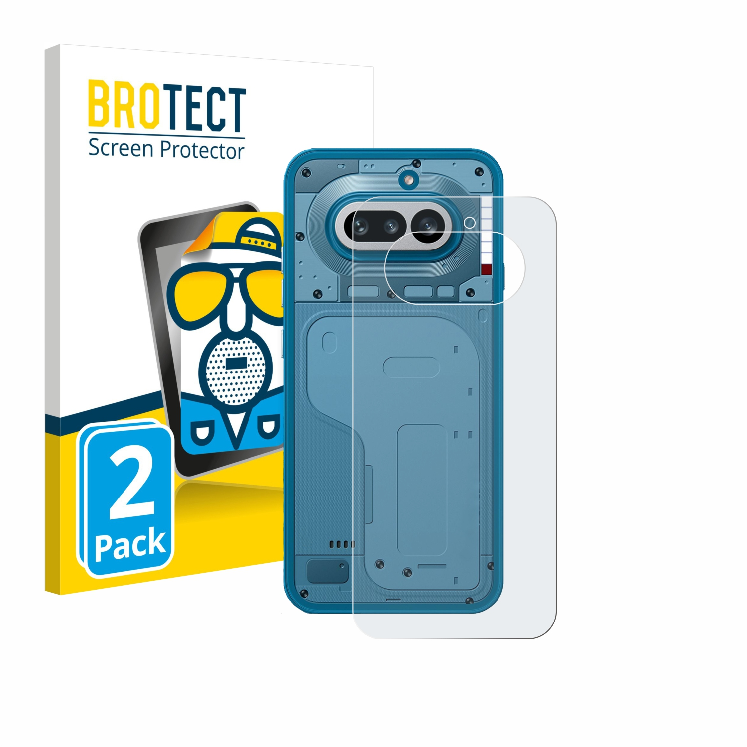 BROTECT Displayschutzfolie für ein blaues Handy-Rückenteil mit Kameras und einer Schutzfolie.