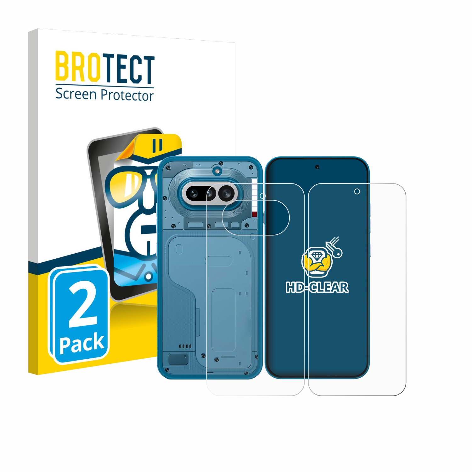 Verpackung mit 2 Displayschutzfolien und zwei Handy-Rückseiten in Blau.