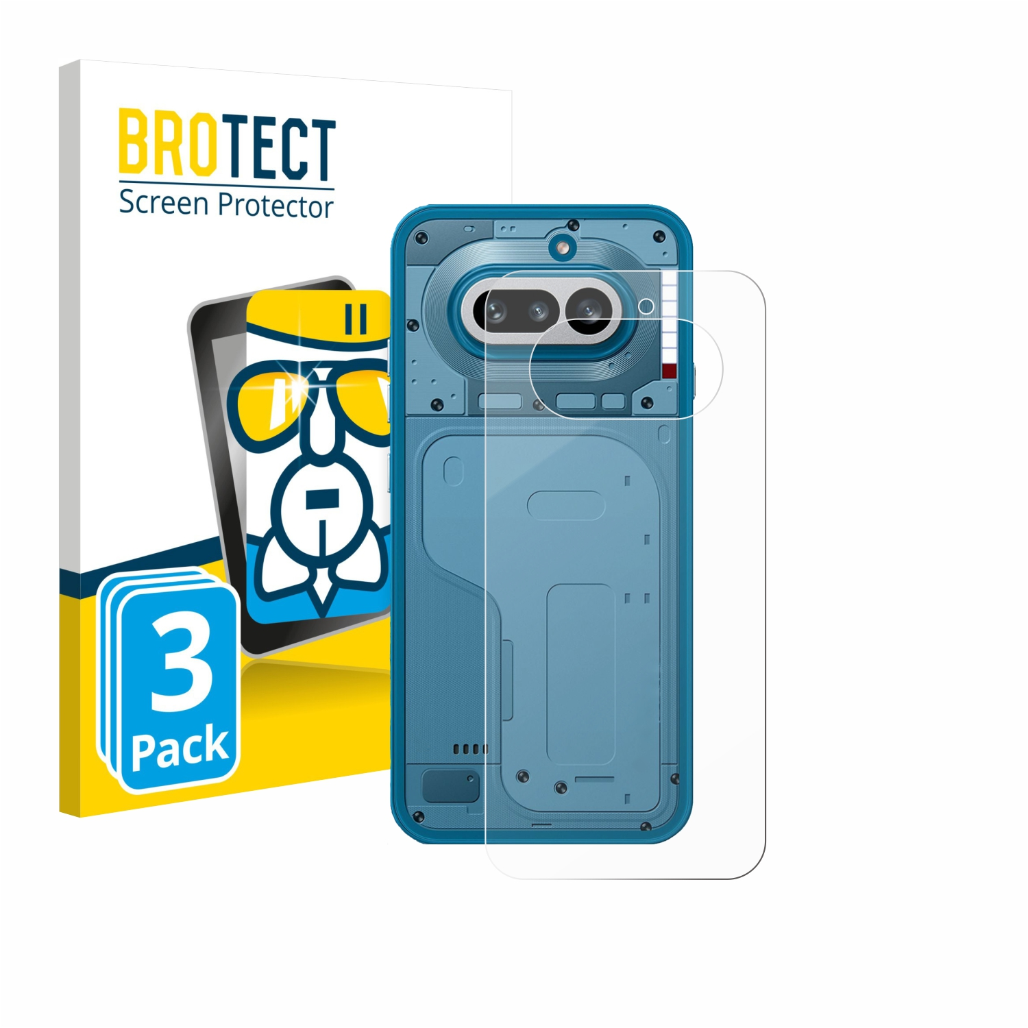 BROTECT Displayschutzfolie 3er Pack neben blauem Handy mit Kamera.
