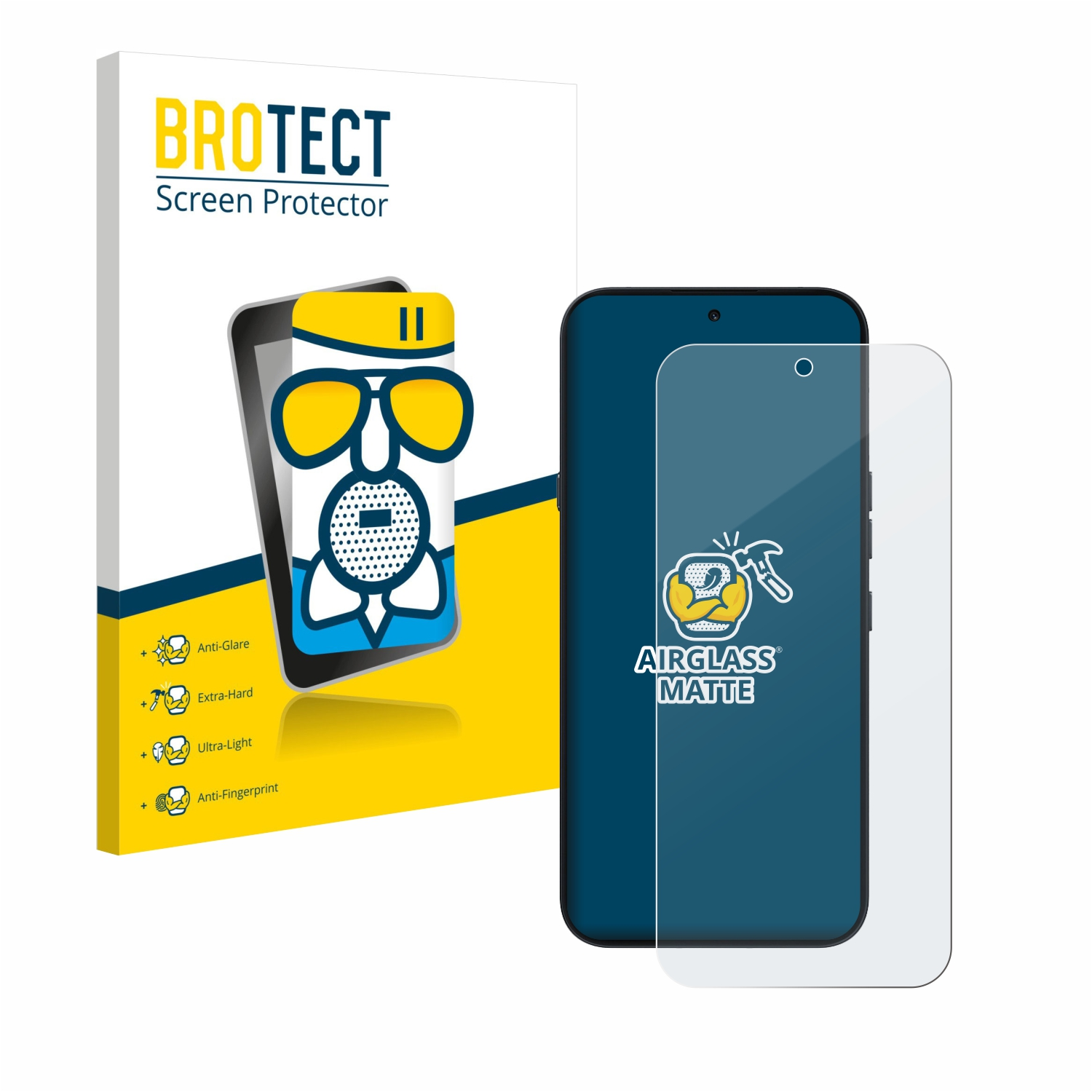 BROTECT Displayschutzfolien-Verpackung und eine matte Displayschutzfolie auf einem Handy.