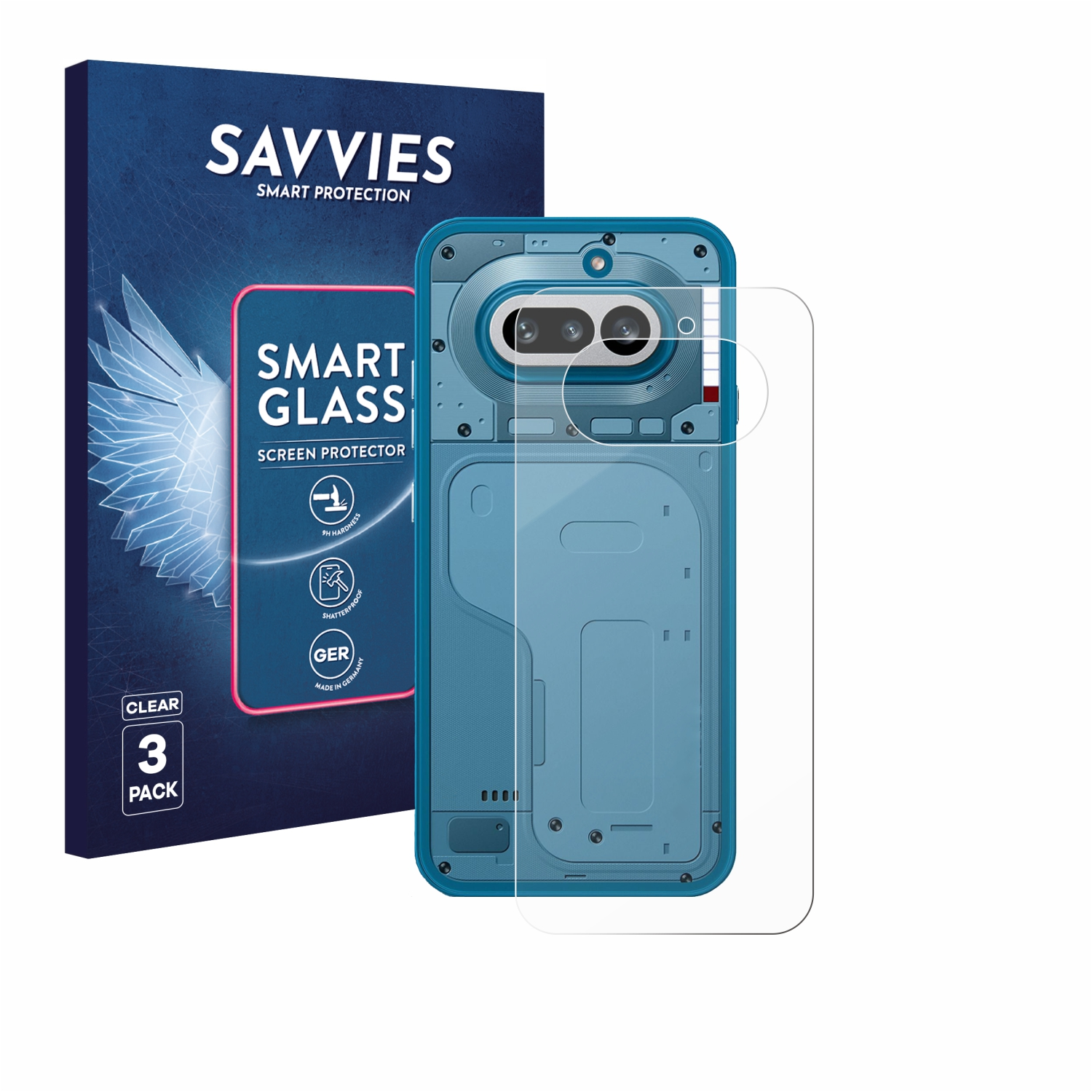 SAVVIES Smart Glass Schutzfolie mit Handyhülle in Blau. Packung mit 3 Stück.