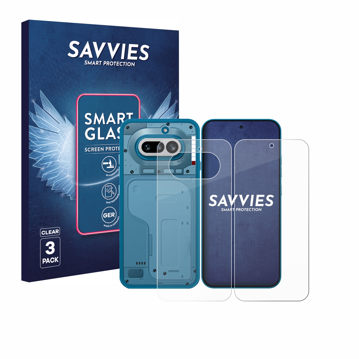 Savvies Smart Glass Schutzfolie für ein Smartphone mit Verpackung.