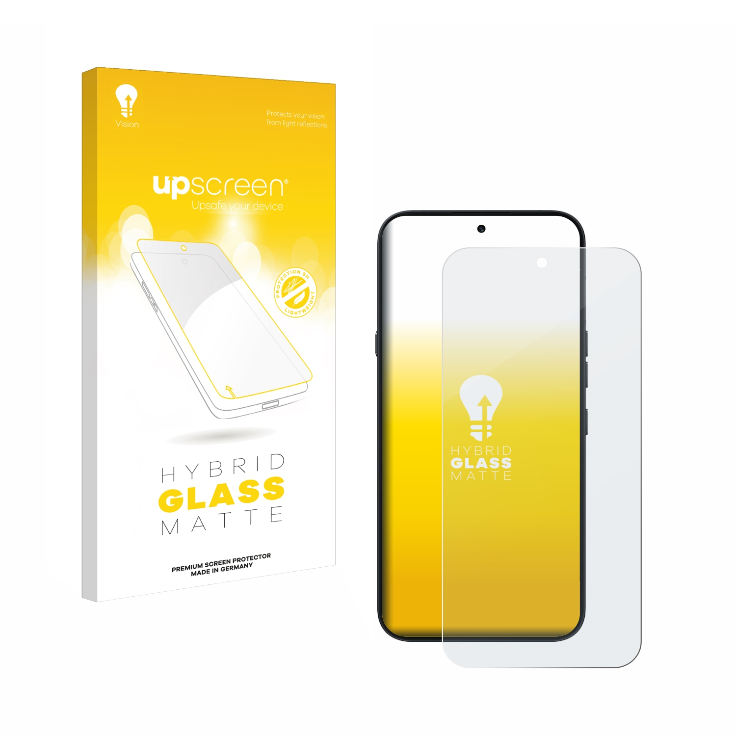 Verpackung und Displayschutzfolie für ein Smartphone, gelbe und weiße Elemente.