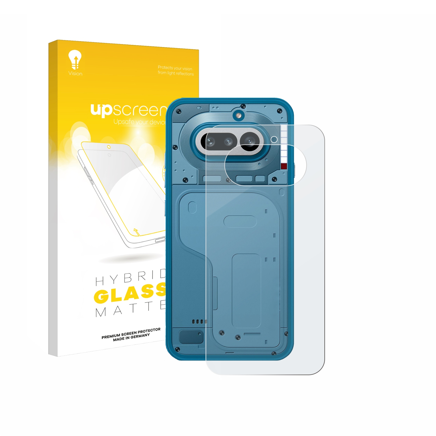 Verpackung fur Displayschutzfolie neben einem blauen Smartphone mit Schutzfolie.