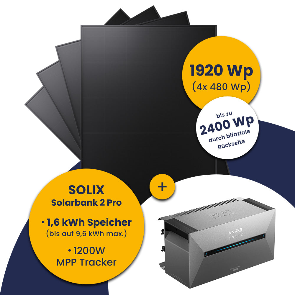 Schwarze Solarmodule und ein graues SOLIX Solarbank 2 Pro Speichergerät.