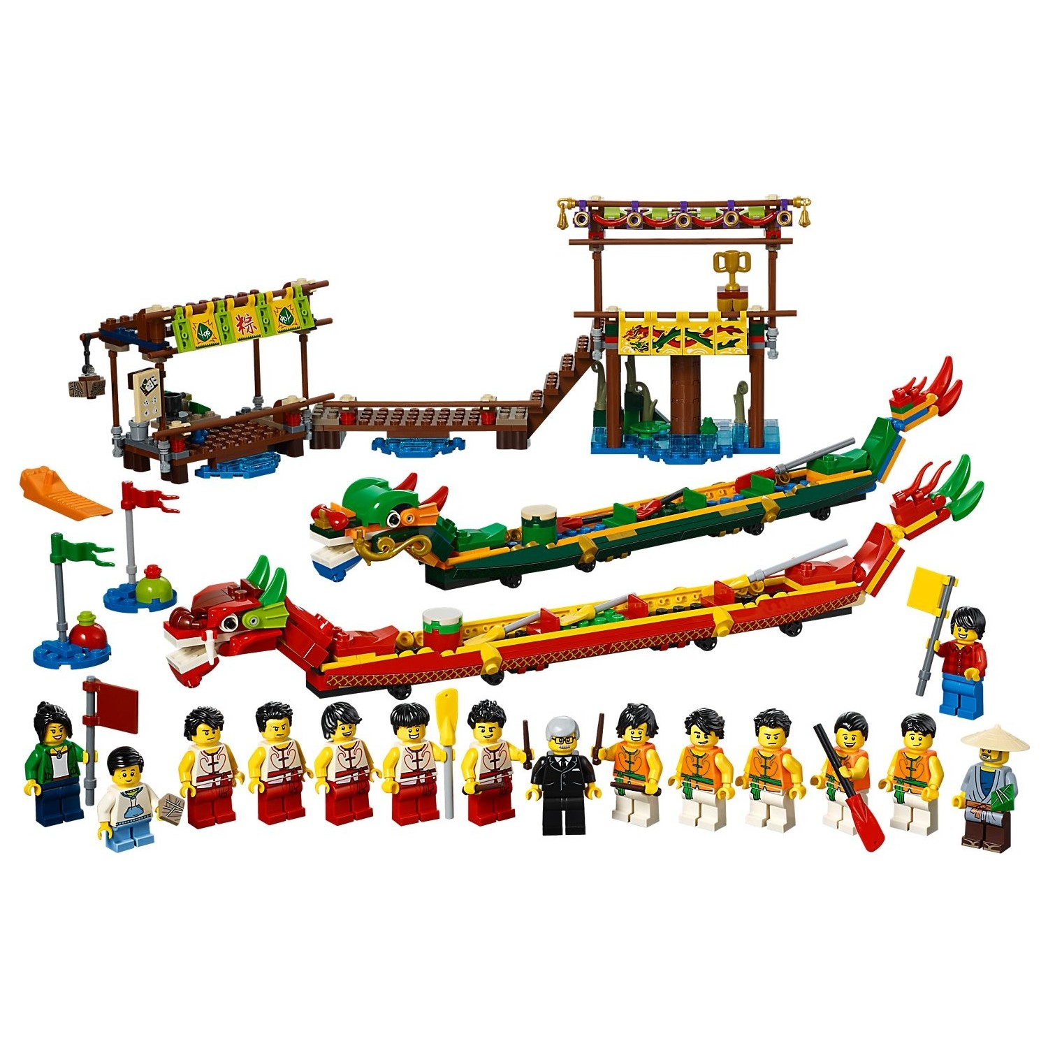 Giocattoli Lego: Due barche drago, un molo, un podio e diverse figure.