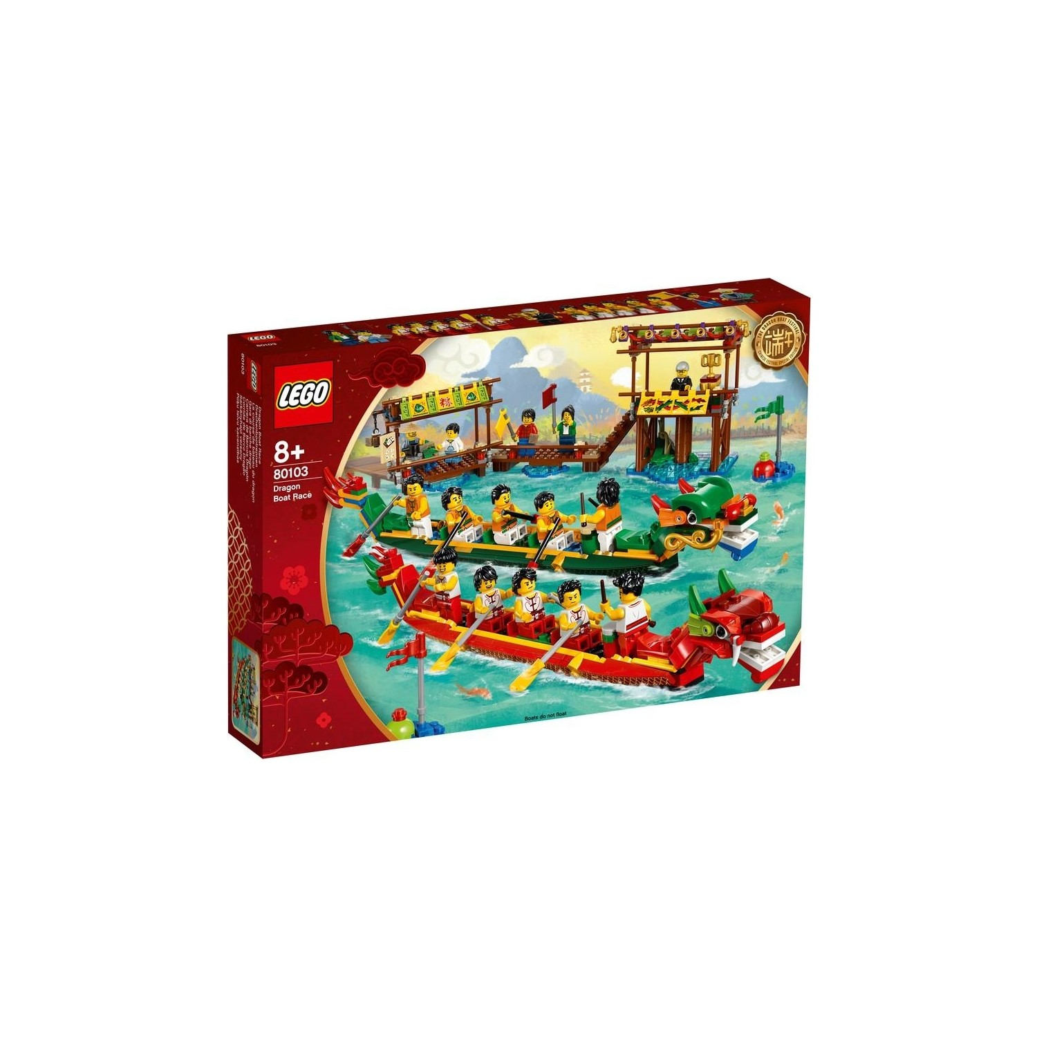 Set LEGO raffigurante gara di dragon boat con figure che remano in barche rosse e verdi.