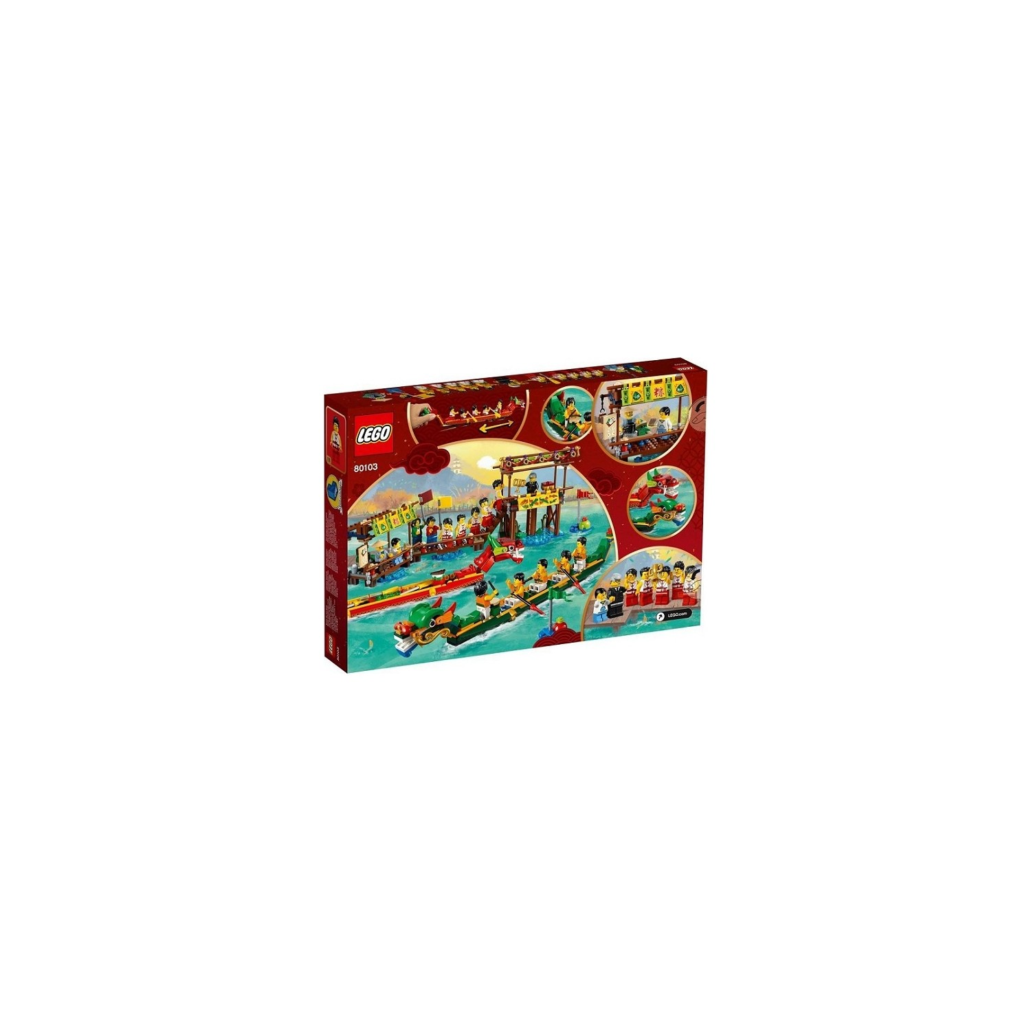 Set LEGO che raffigura una gara di dragon boat con figure su acqua blu.