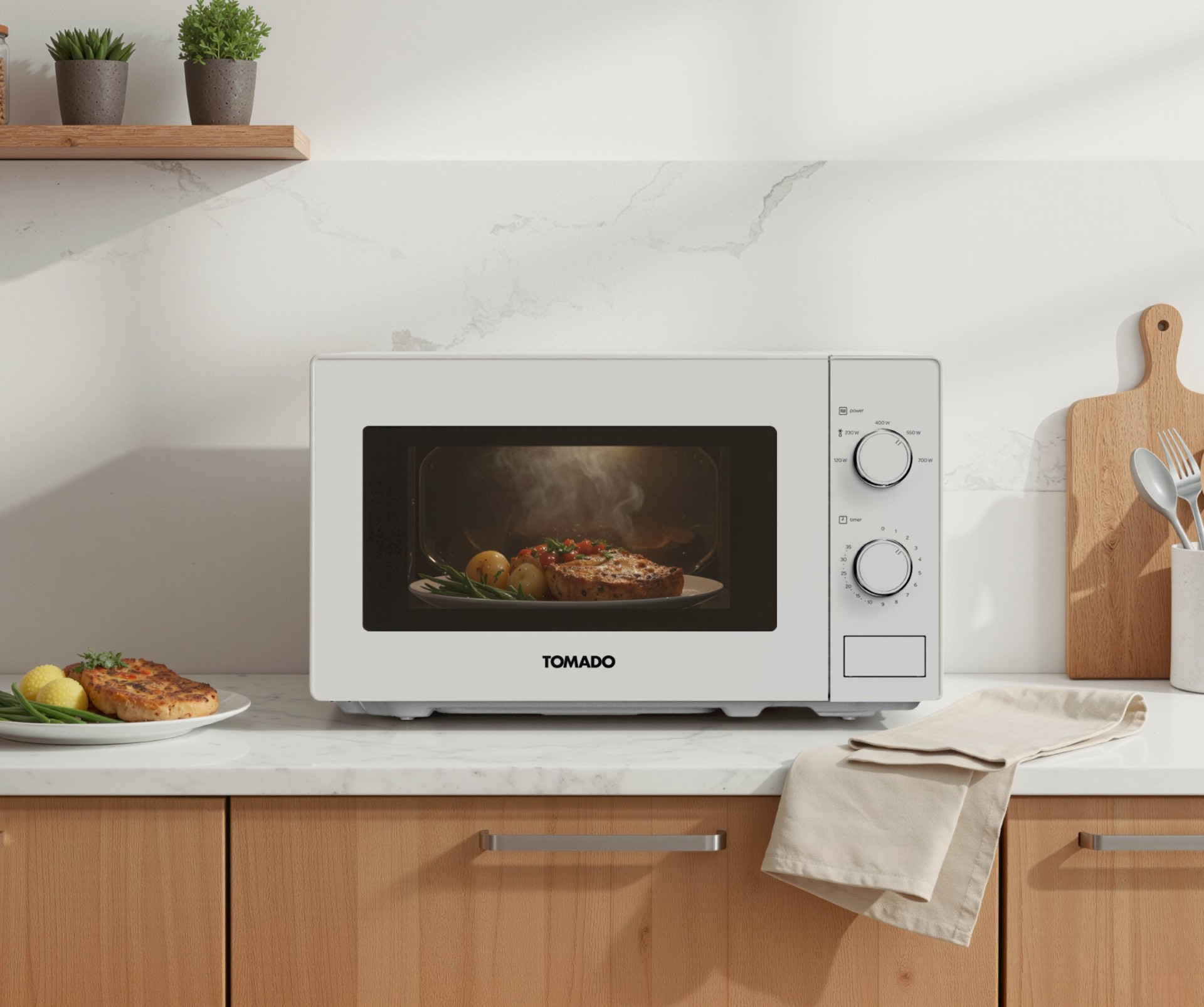 A white microwave with steaming food inside and a plate of food beside it.