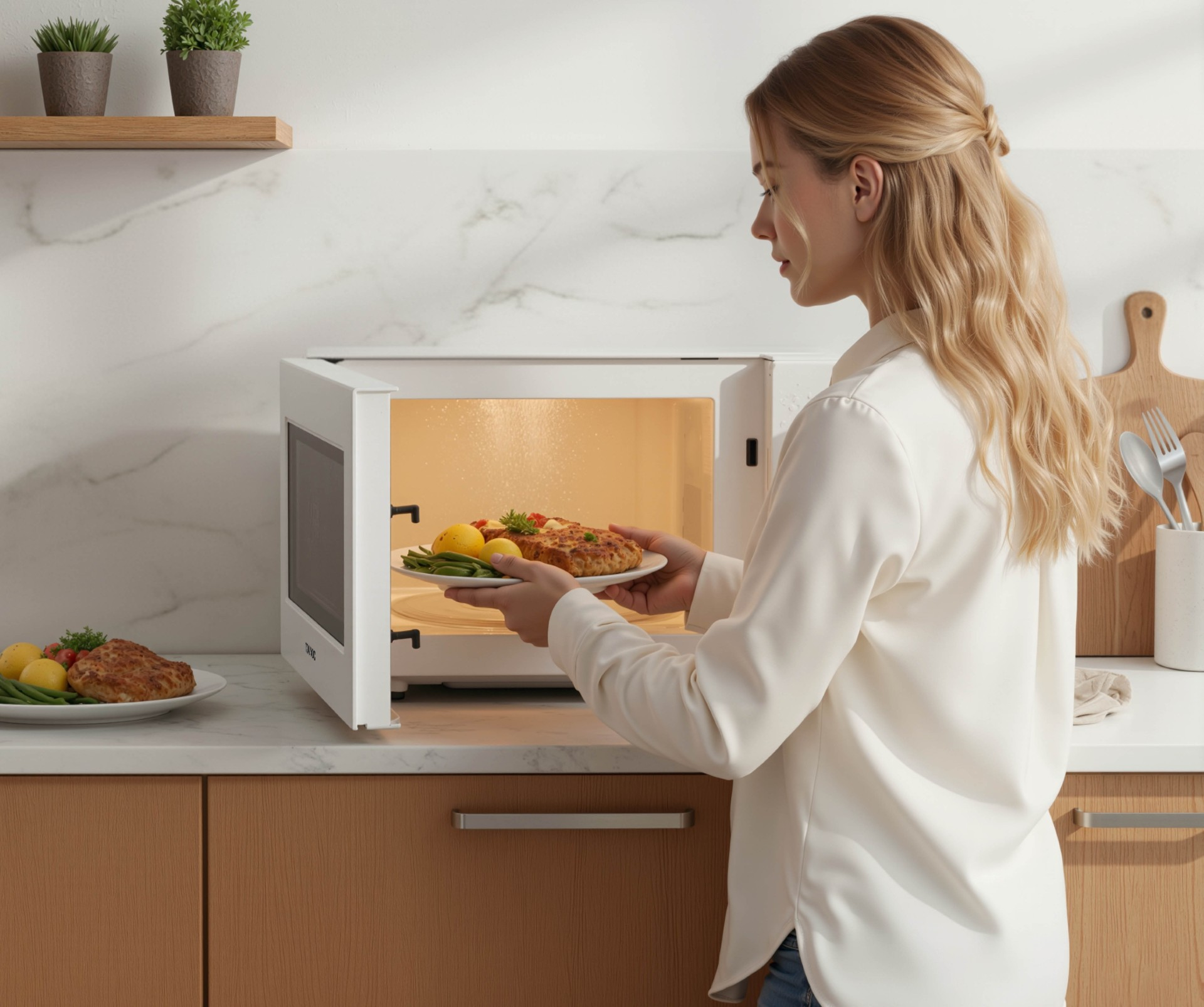 A woman places a meal with meat and vegetables into a microwave.