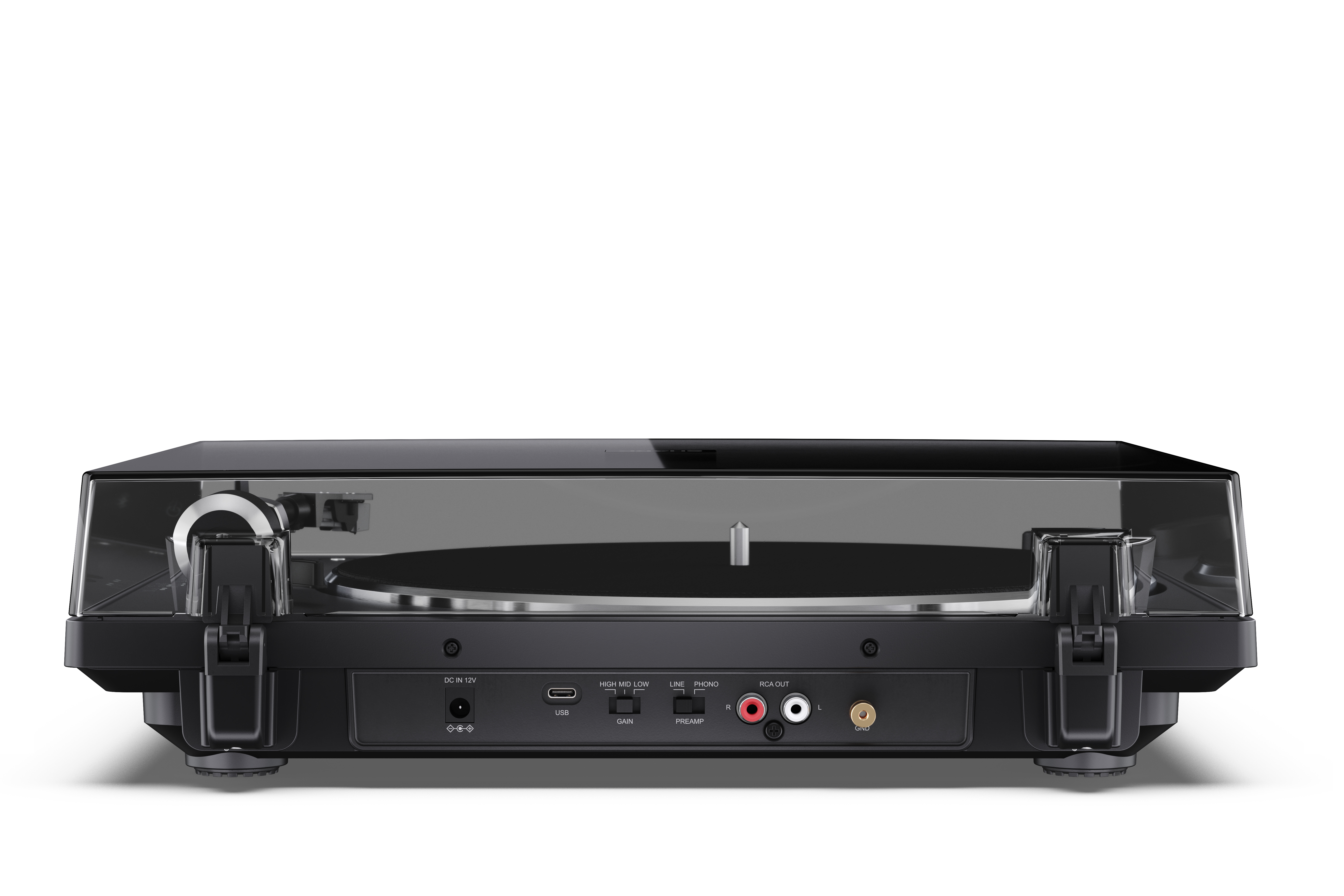 Tył czarnego gramofonu z portami: DC IN, USB, Gain, Preamp, RCA OUT i GND.
