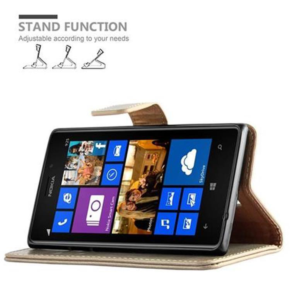 Uno smartphone Nokia in una custodia a cavalletto marrone, visualizzato in orizzontale.