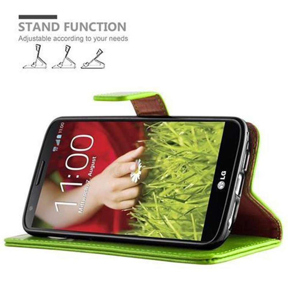 Una custodia a libro verde per uno smartphone LG, con funzione stand.