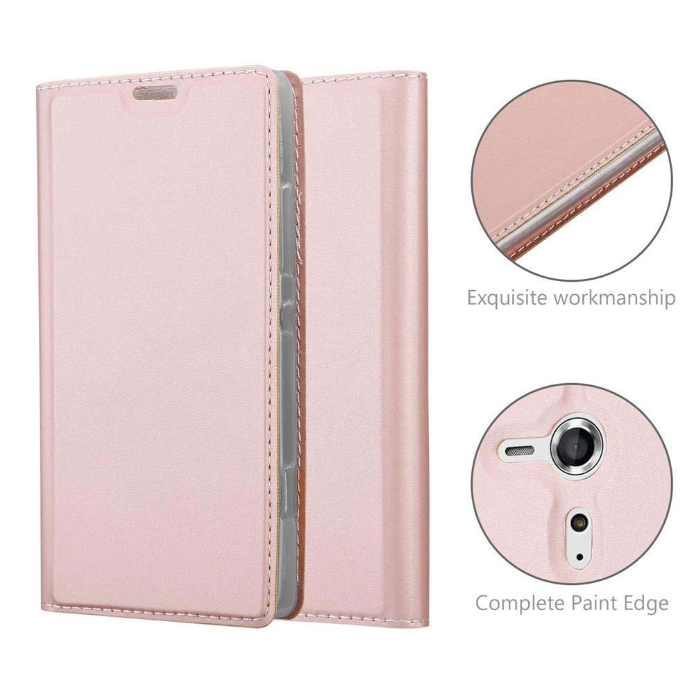 Ein roségoldenes Handycover mit geschlossener Klappe, Nahaufnahmen zeigen Details.