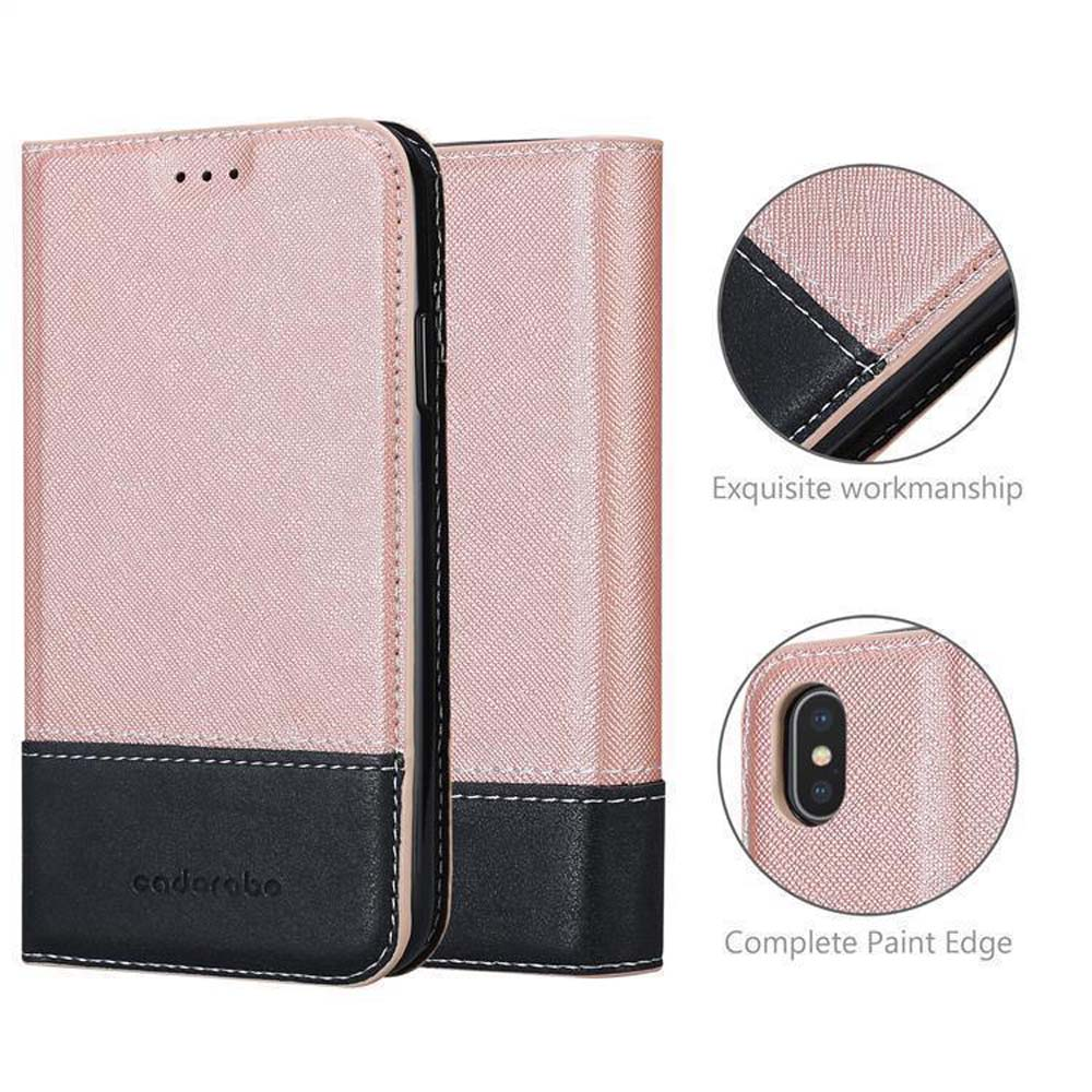 Eine rosa und schwarze Klapphülle für ein Handy, geschlossen gezeigt. Sie hat Nahtdetails.