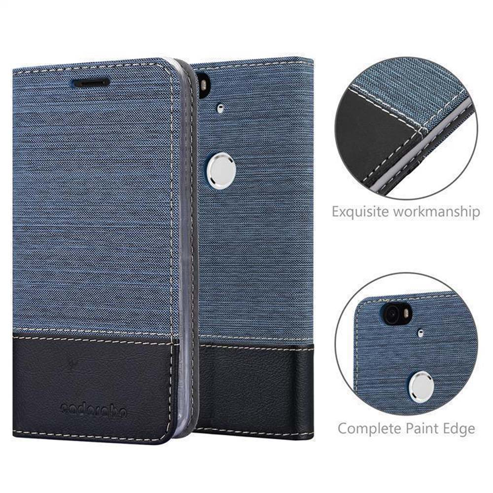 Custodia a libro blu per telefono con accenti in pelle nera e cuciture.