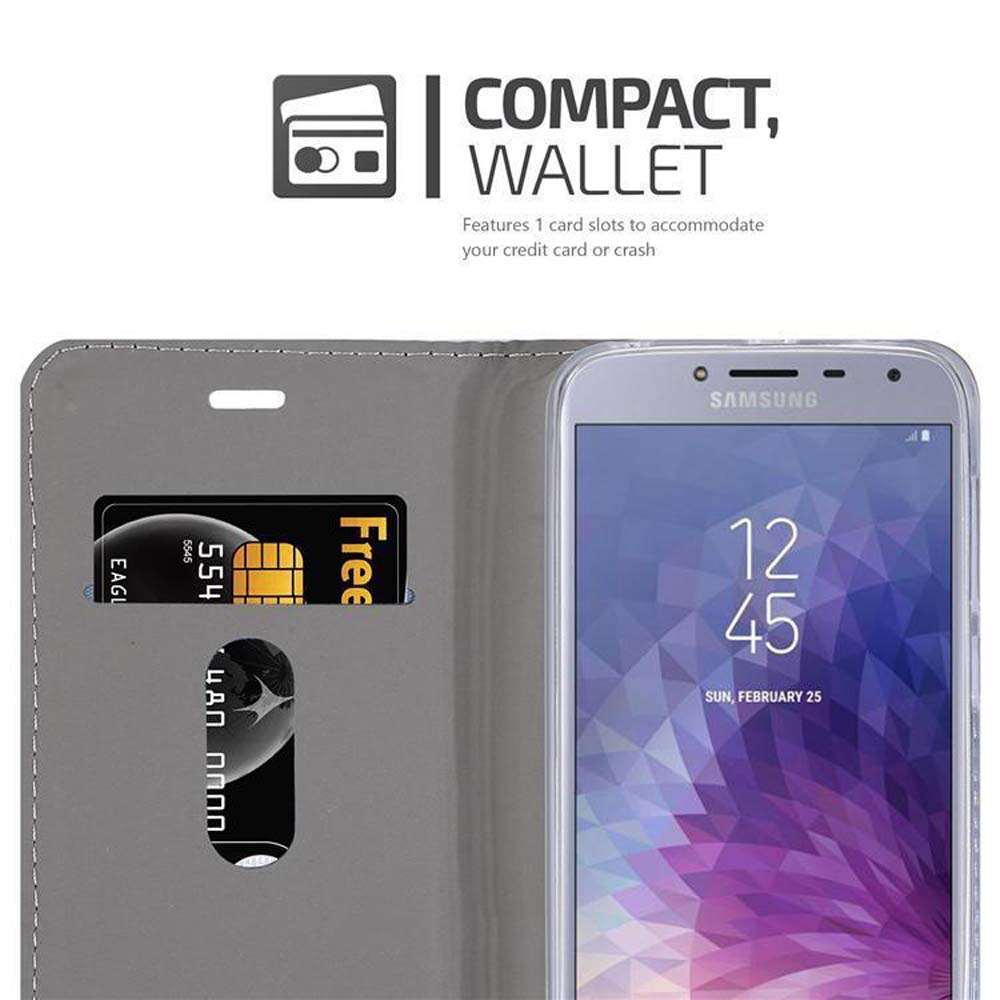 Un telefono Samsung in una custodia a portafoglio grigia con una carta di credito.