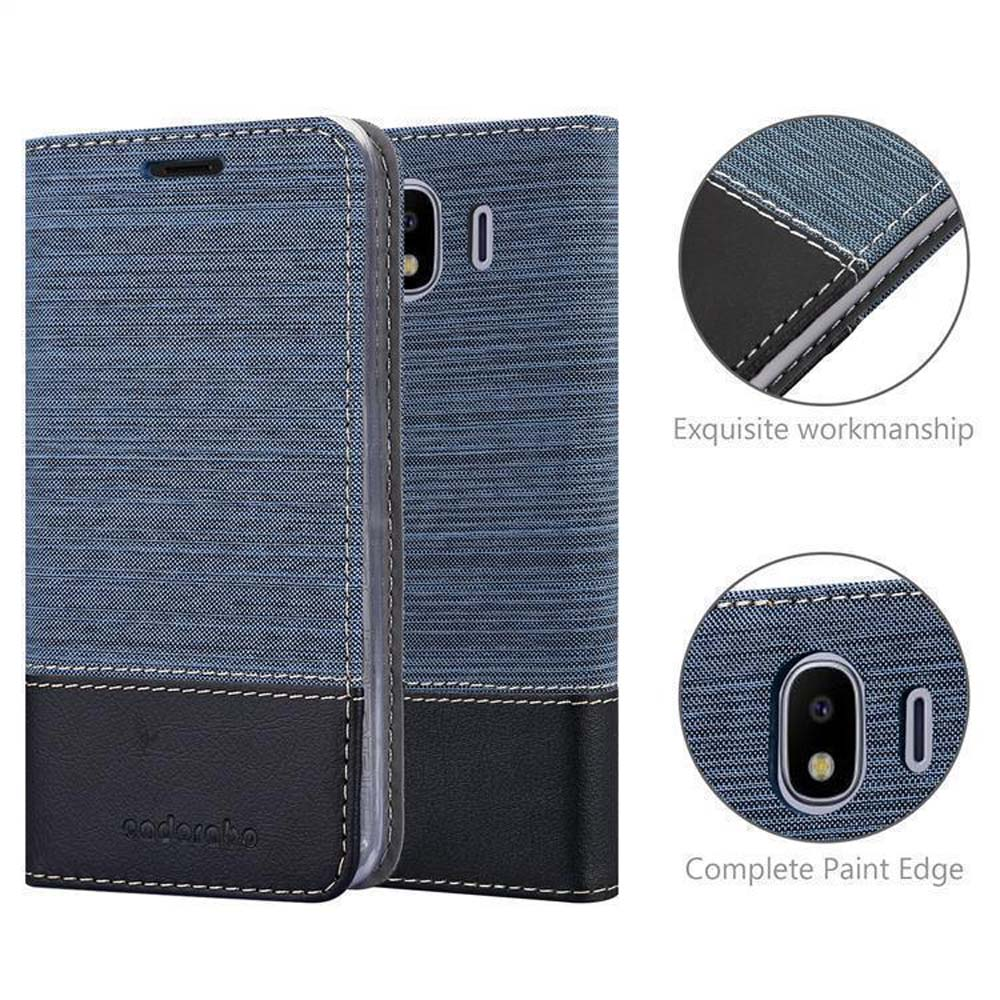 Custodia blu per telefono con bordo in pelle nera e cuciture. Dettagli mostrati.