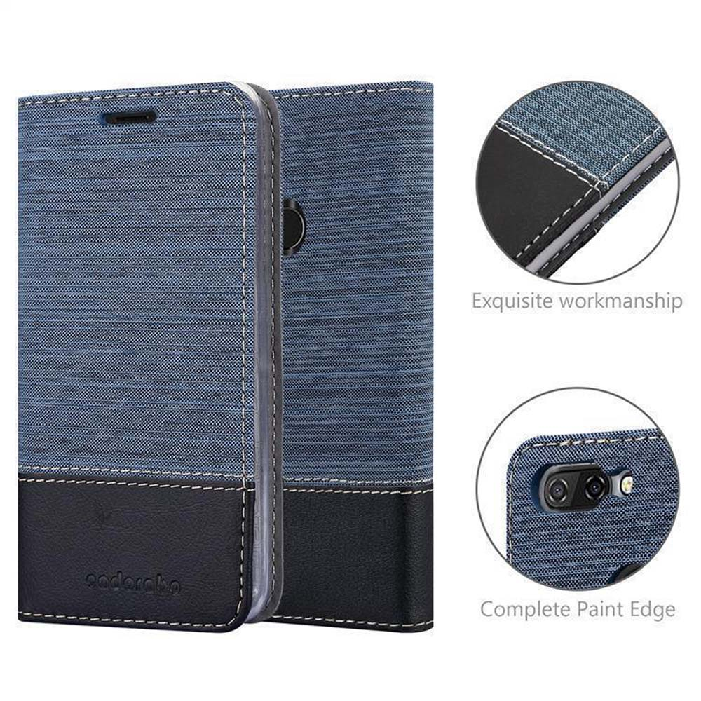 Custodia per telefono in tessuto blu con accenti in pelle nera.