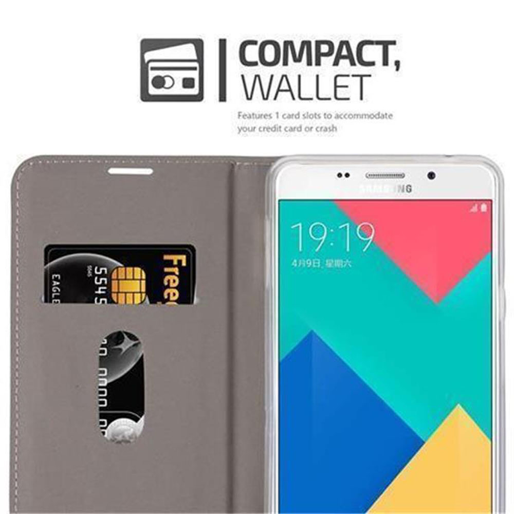 Custodia a portafoglio grigia con carte di credito e smartphone che mostra le 19:19.