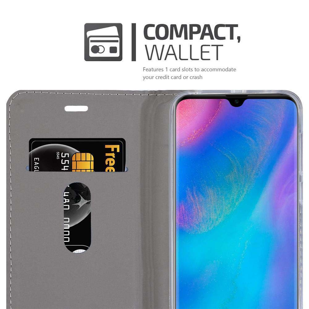 Un portafoglio grigio contiene un telefono con schermo colorato e due carte.