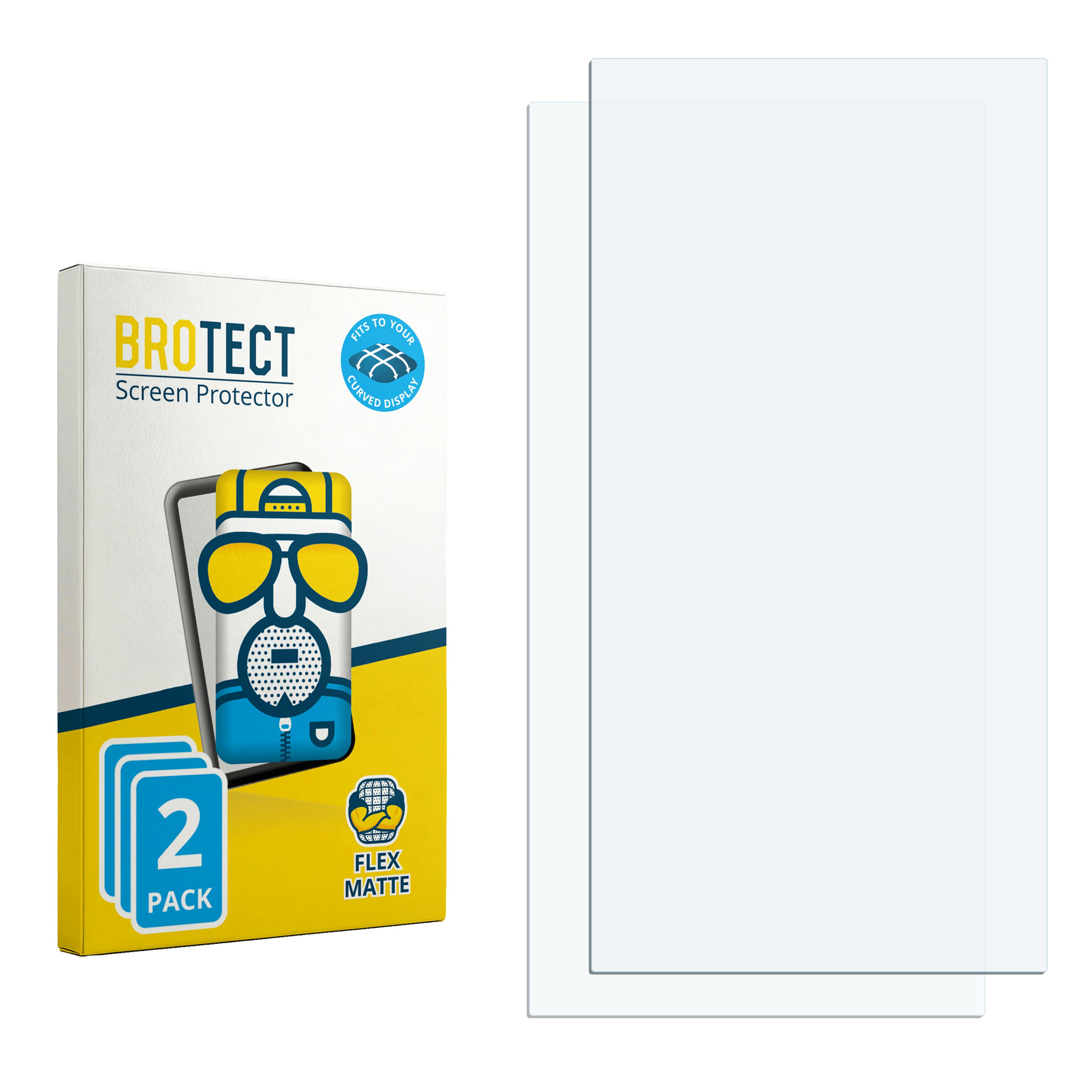 Verpackung mit zwei Displayschutzfolien, matt, mit Comic-Figur und Text.