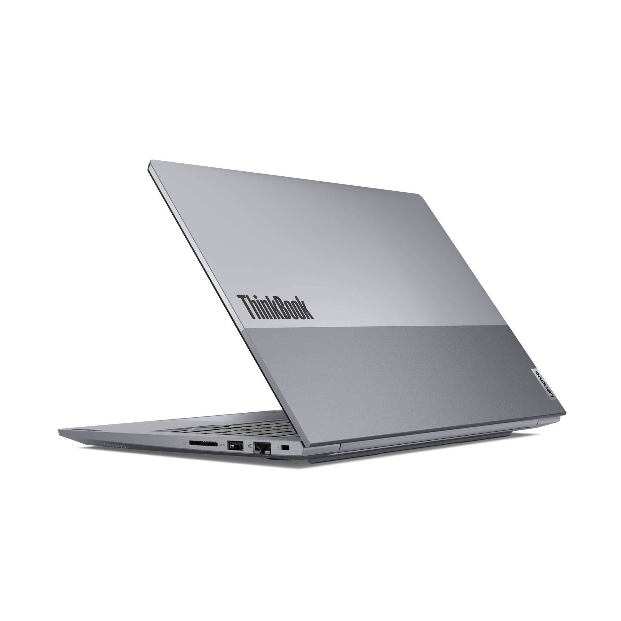 Grauer Lenovo ThinkBook Laptop, geöffnet, mit Blick auf die Anschlüsse an der Seite.