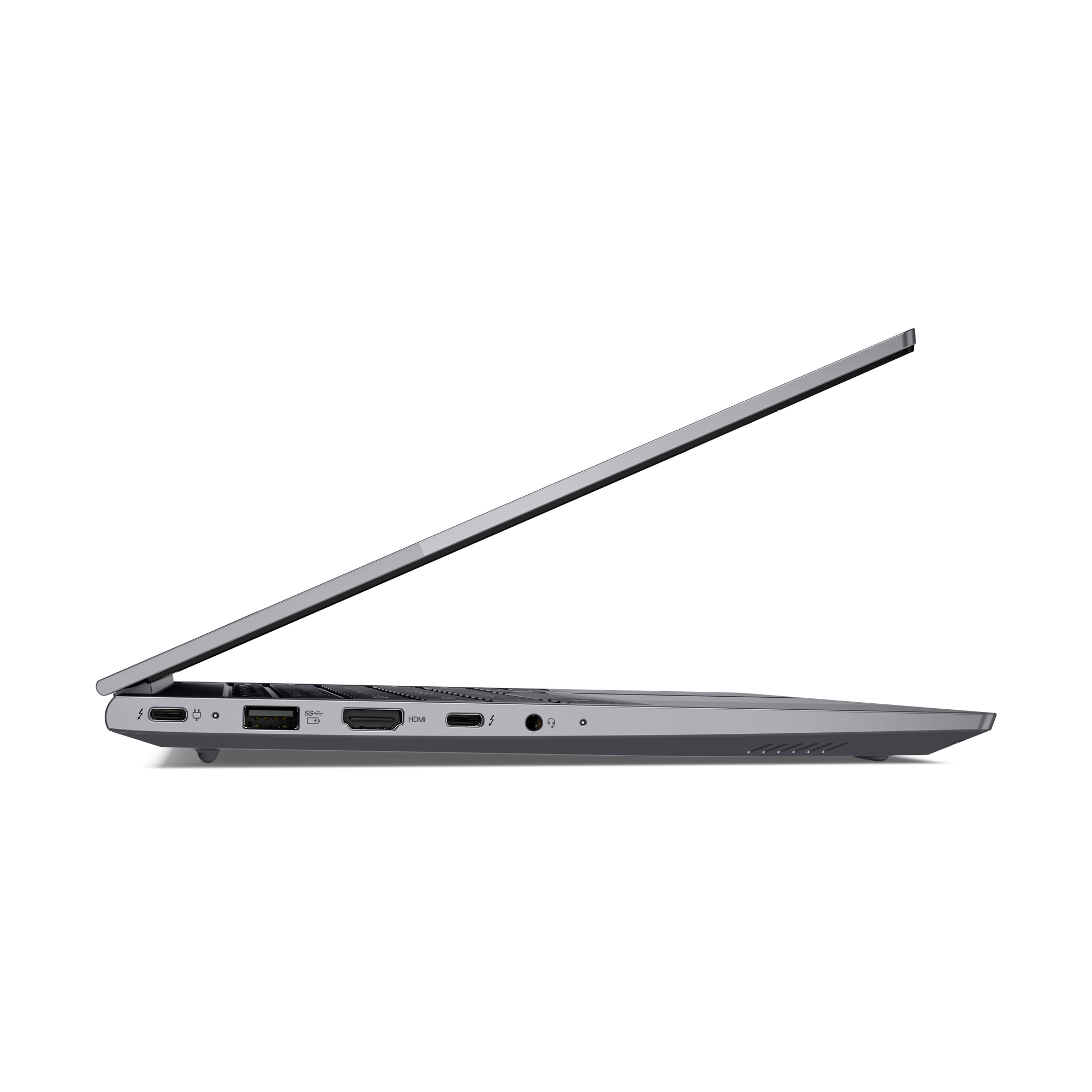 Graues Laptop mit geöffnetem Bildschirm, mit Anschlüssen an der Seite.