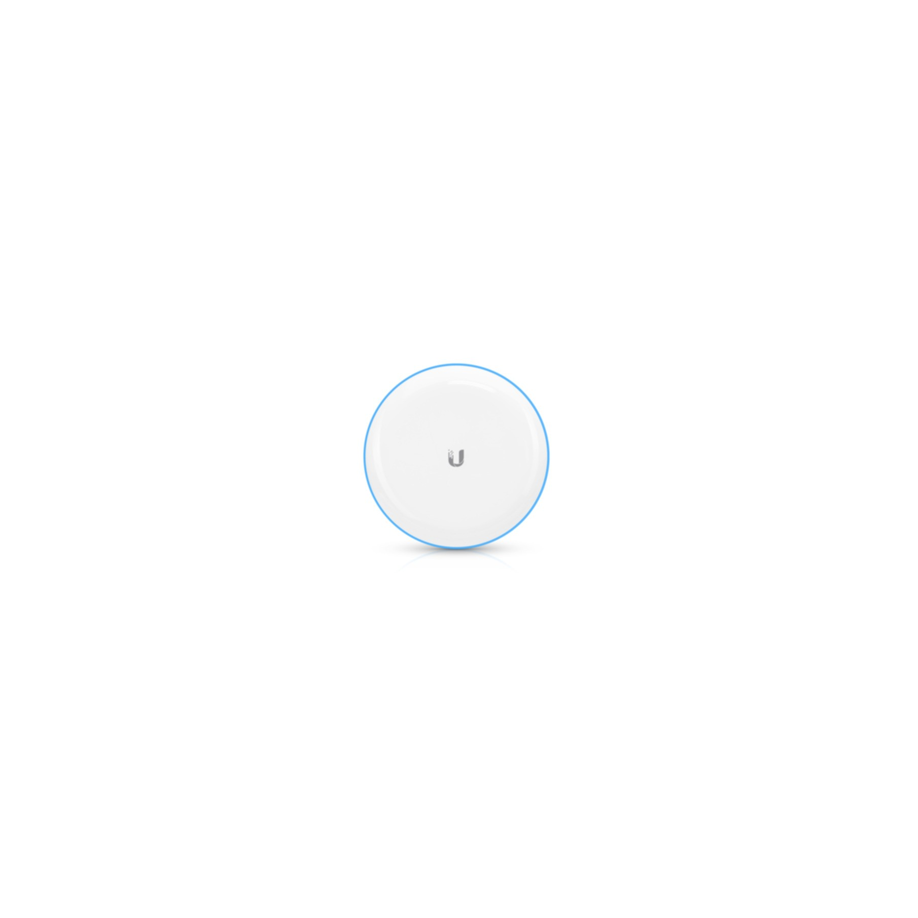 A white, round access point with a blue rim and a U logo.