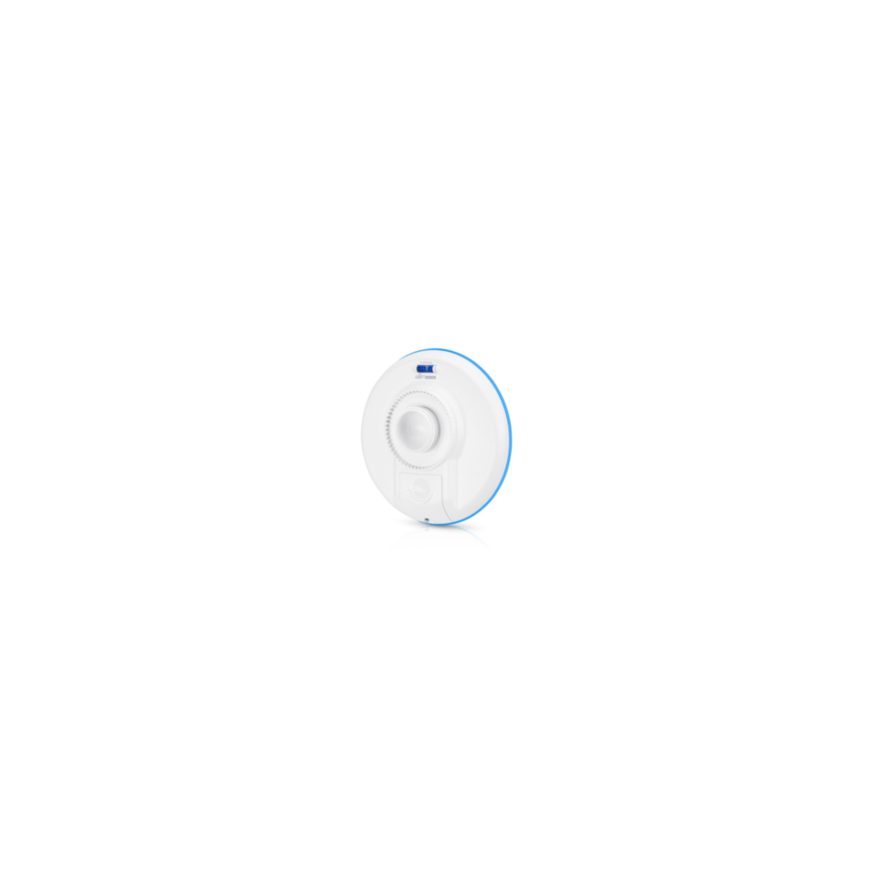 A white device with a blue rim and a central knob.