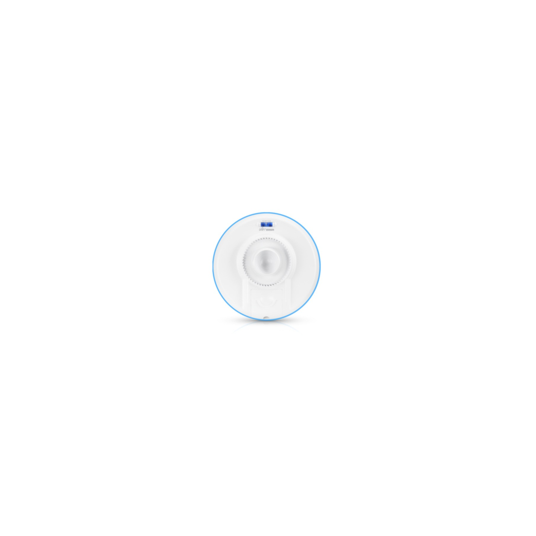 A white, round device with a blue rim and a screen.