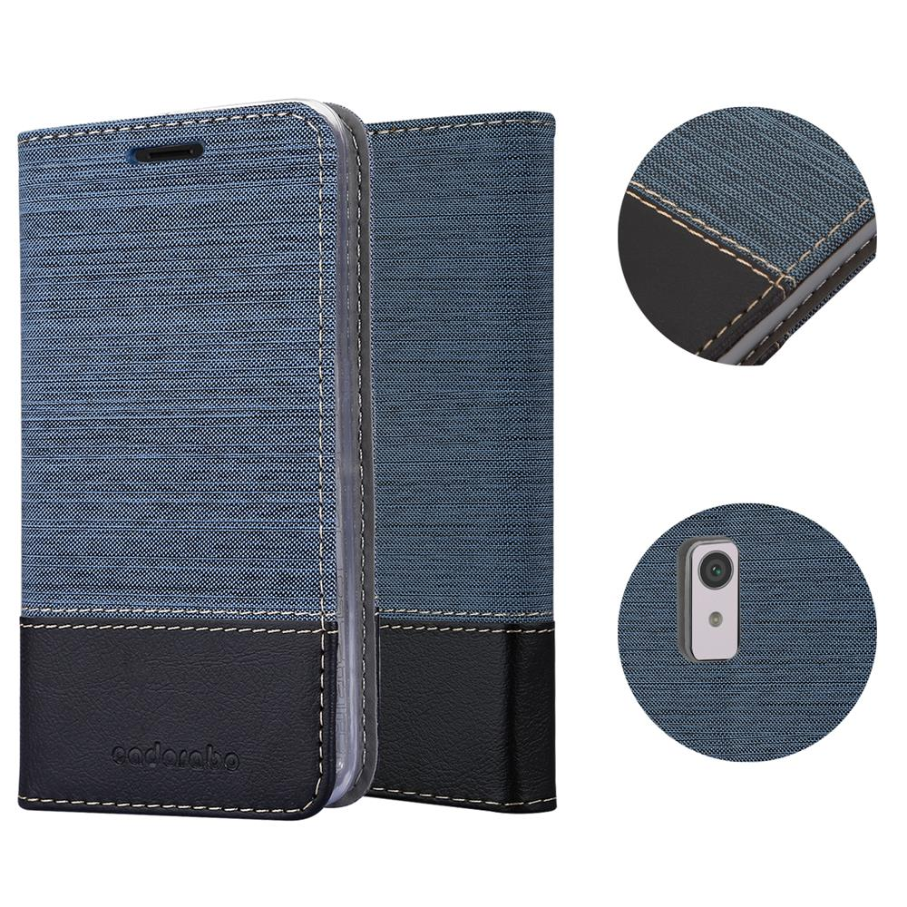 Custodia per telefono blu con fondo in pelle nera e cuciture.
