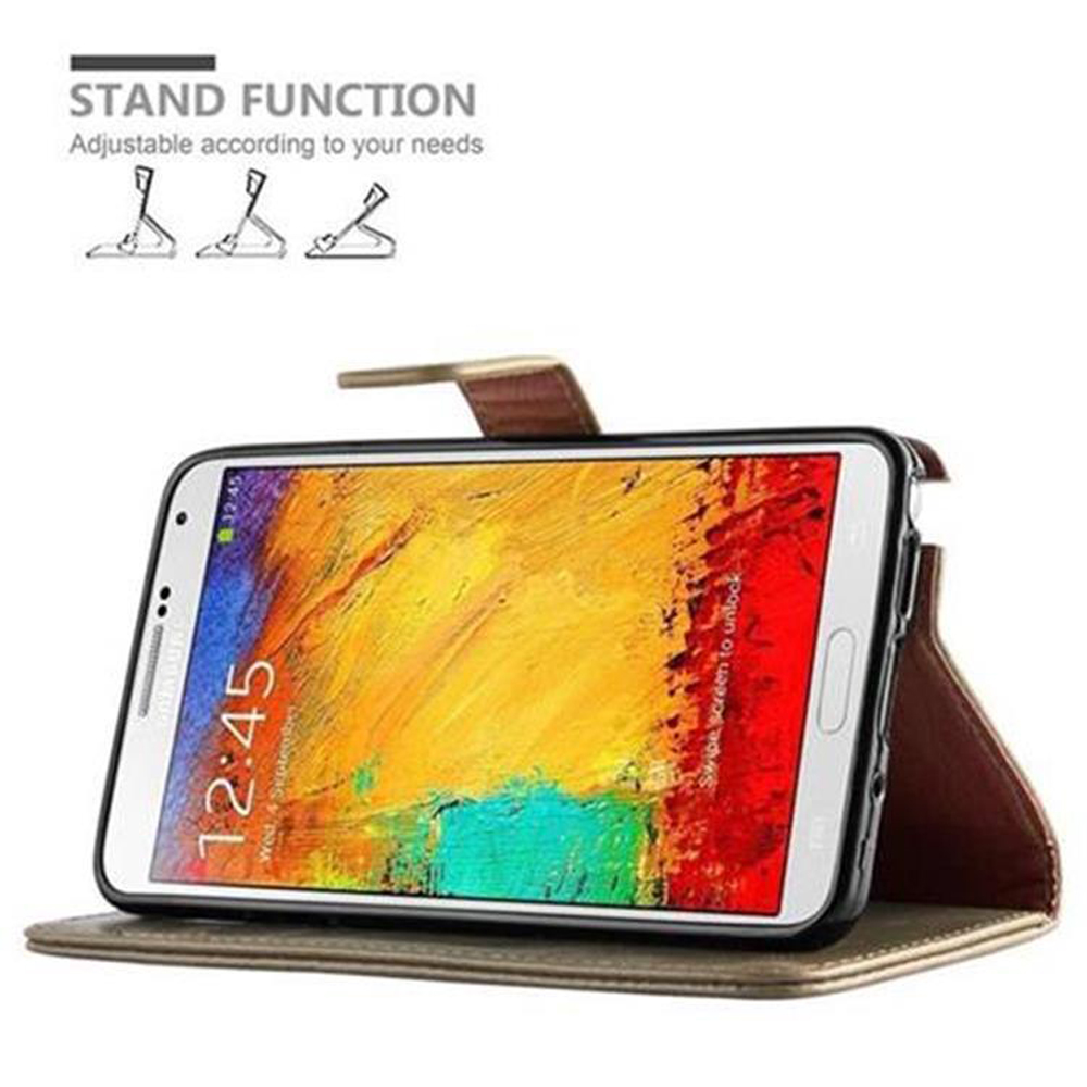 Funda de teléfono marrón con función de soporte para smartphone con pantalla de bloqueo colorida.