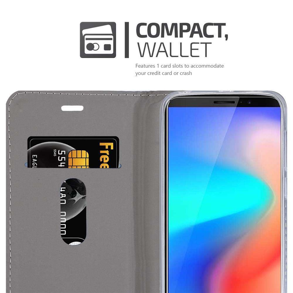 Portafoglio grigio con slot per telefono, carta 554 visibile.