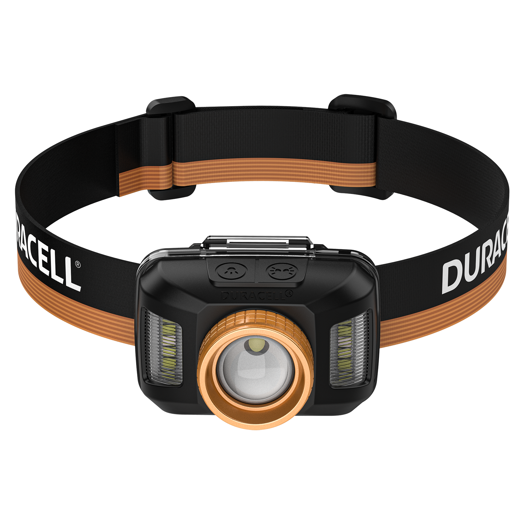 Schwarzes Stirnband mit orangefarbenen Streifen und Duracell-Logo.