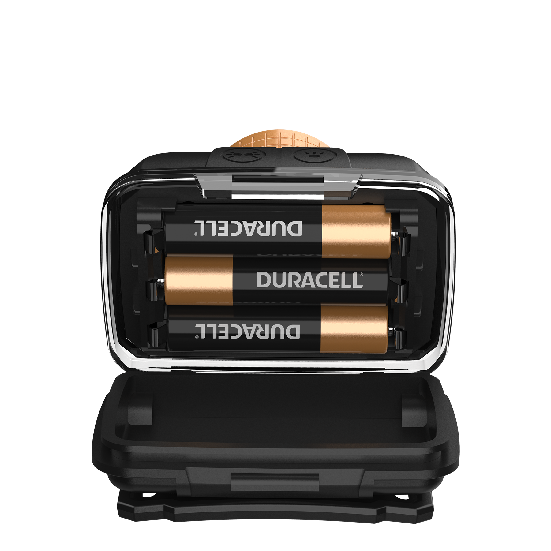 Drei Duracell-Batterien in einem schwarzen Gehäuse mit offenem Deckel.