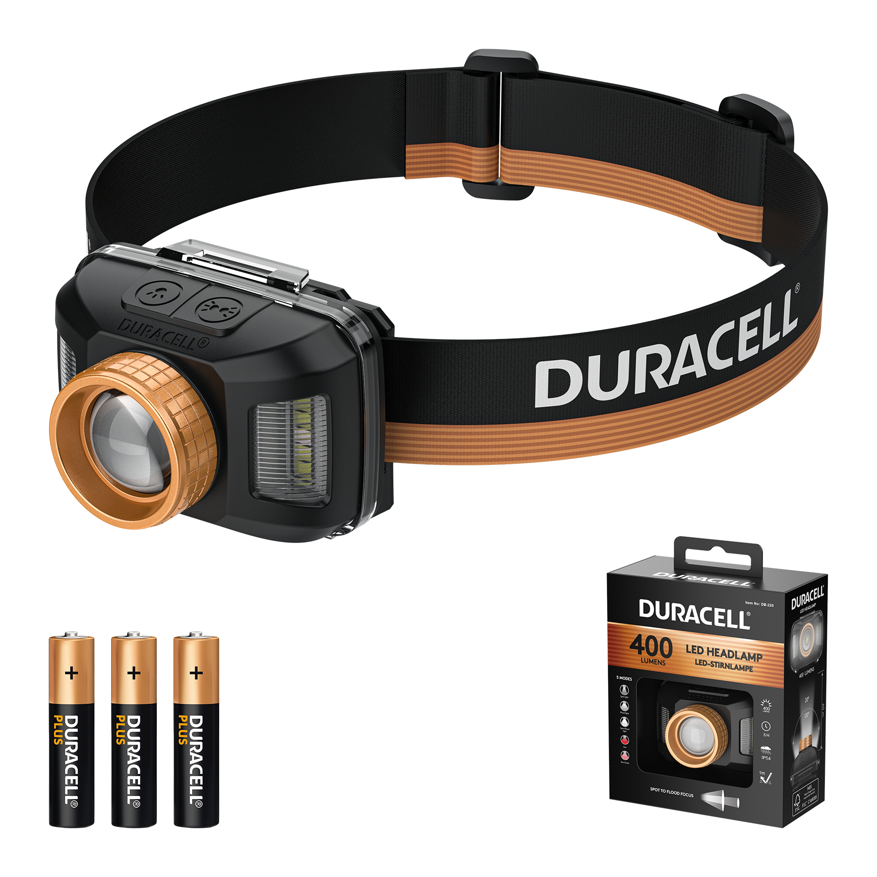 Duracell Stirnlampe mit 3 Batterien und Verpackung auf schwarzem Hintergrund.